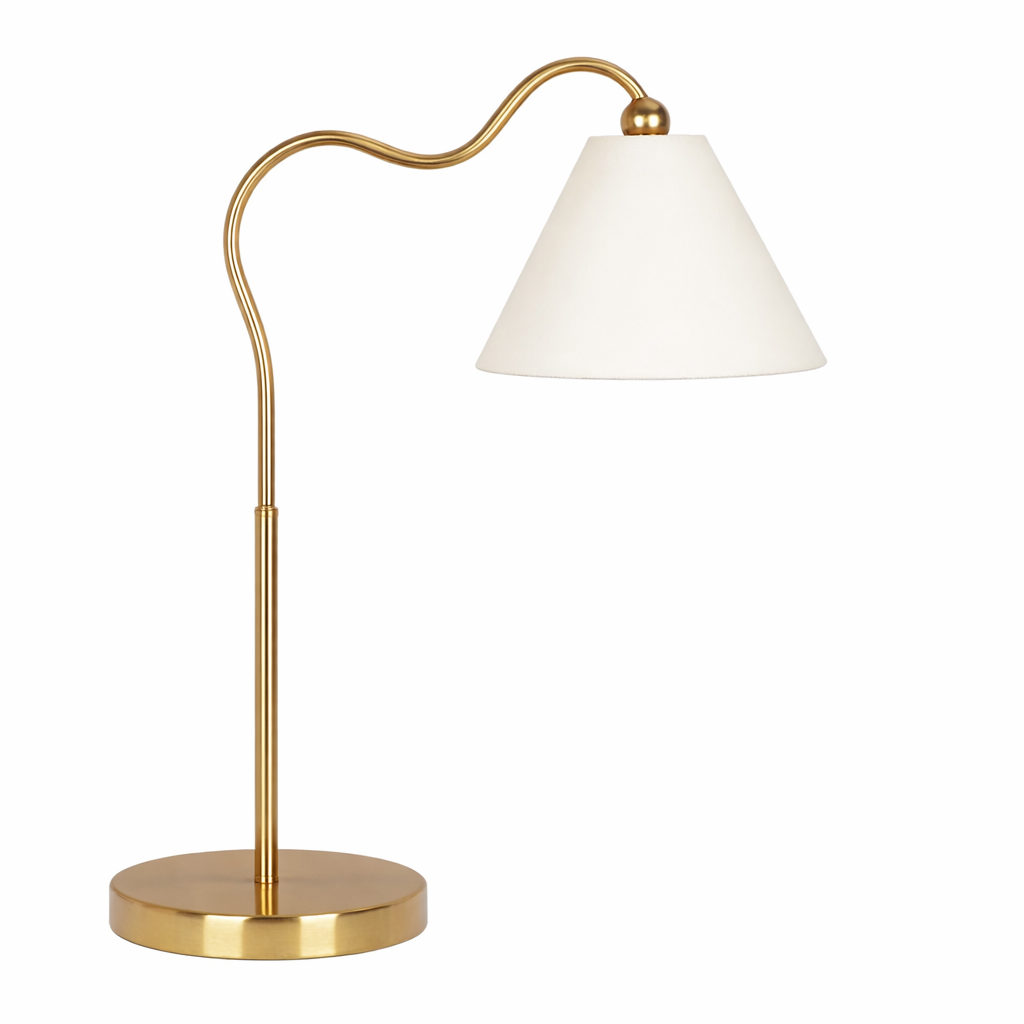 Anmytek Gold Curved Table Lamp Ornate Brass Ring Base Triangle White Drum Shade Decorative Lamp For Living Room Bedroom End Table 18.25x9.50x22.00 Inch