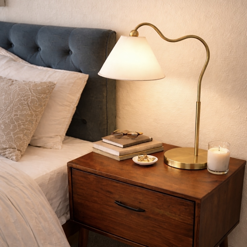 Anmytek Gold Curved Table Lamp Ornate Brass Ring Base Triangle White Drum Shade Decorative Lamp For Living Room Bedroom End Table 18.25x9.50x22.00 Inch