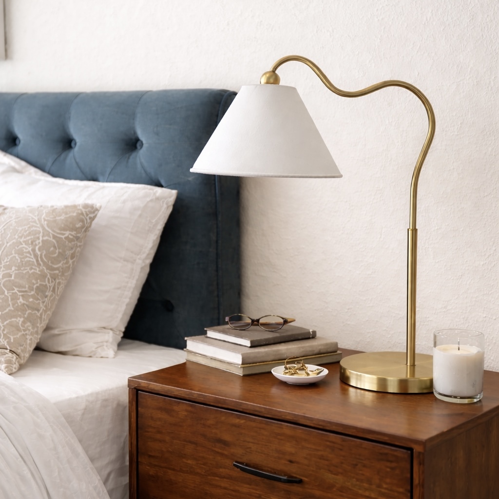 Anmytek Gold Curved Table Lamp Ornate Brass Ring Base Triangle White Drum Shade Decorative Lamp For Living Room Bedroom End Table 18.25x9.50x22.00 Inch