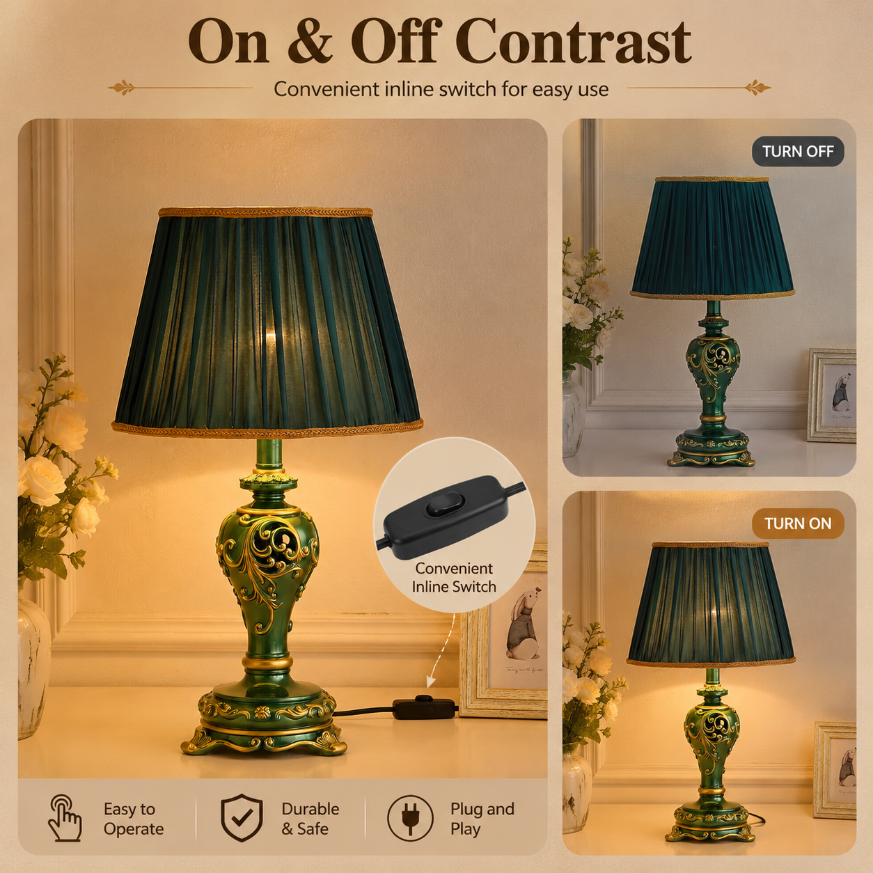 Anmytek Farmhouse Table Lamp Vintage Hollow Out Resin Lamp Dark Green With Nightlight Bulb Included For Living Room Bedroom End Table