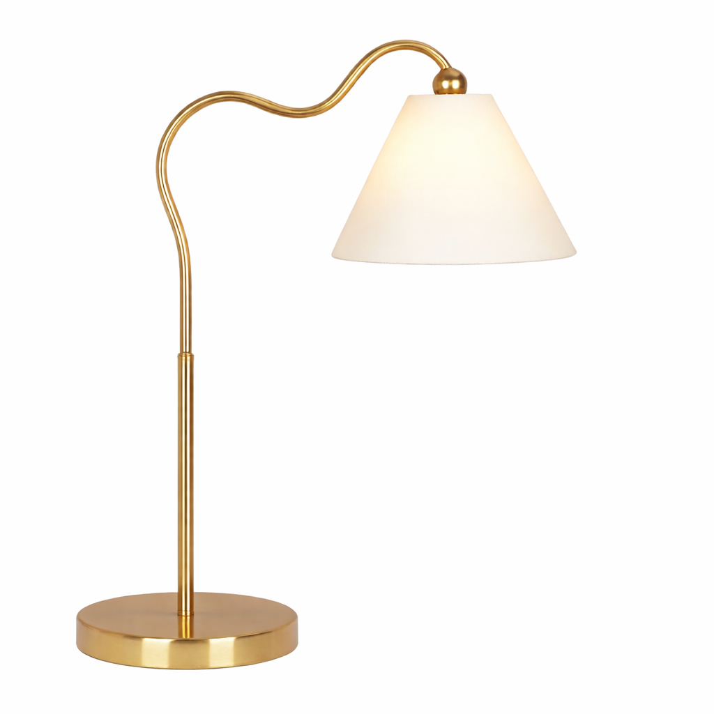 Anmytek Gold Curved Table Lamp Ornate Brass Ring Base Triangle White Drum Shade Decorative Lamp For Living Room Bedroom End Table 18.25x9.50x22.00 Inch