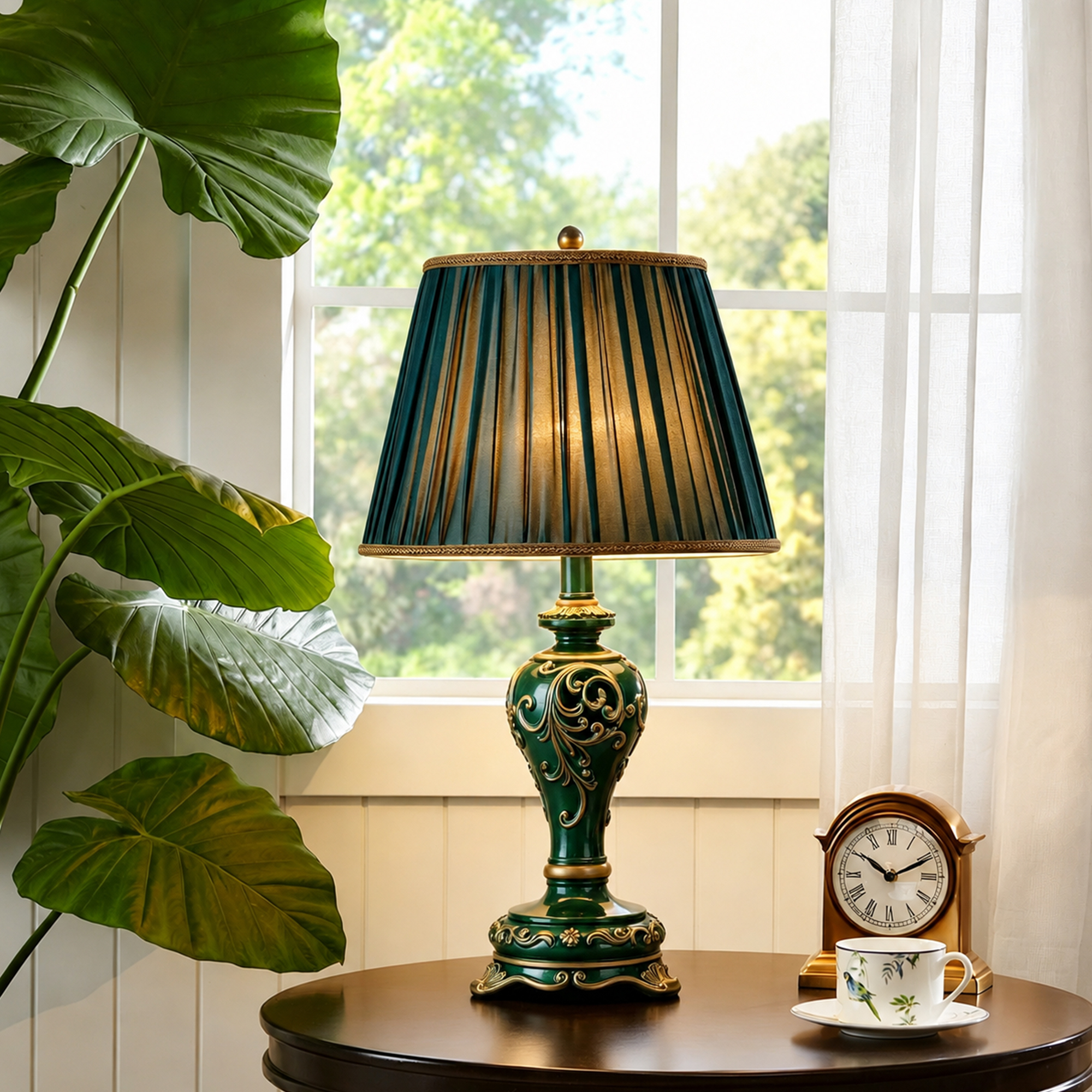Anmytek Farmhouse Table Lamp Vintage Hollow Out Resin Lamp Dark Green With Nightlight Bulb Included For Living Room Bedroom End Table