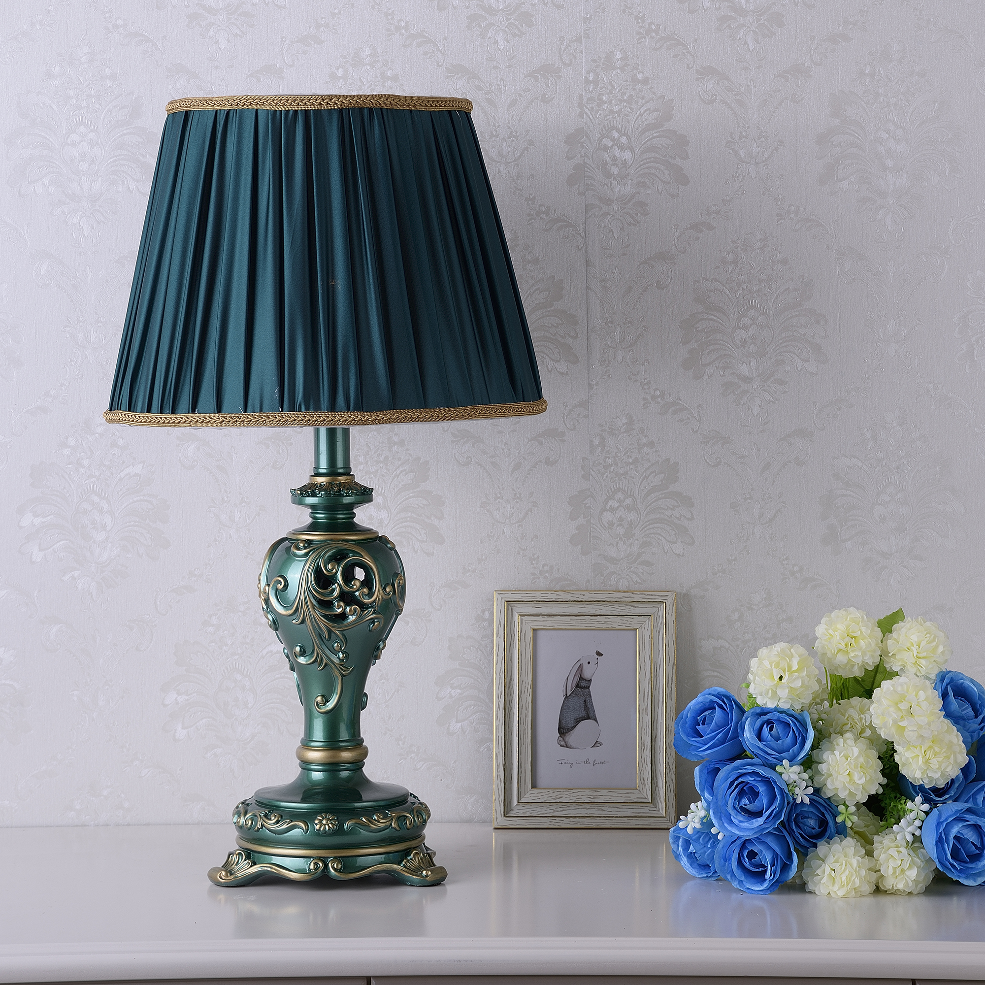 Anmytek Farmhouse Table Lamp Vintage Hollow Out Resin Lamp Dark Green With Nightlight Bulb Included For Living Room Bedroom End Table