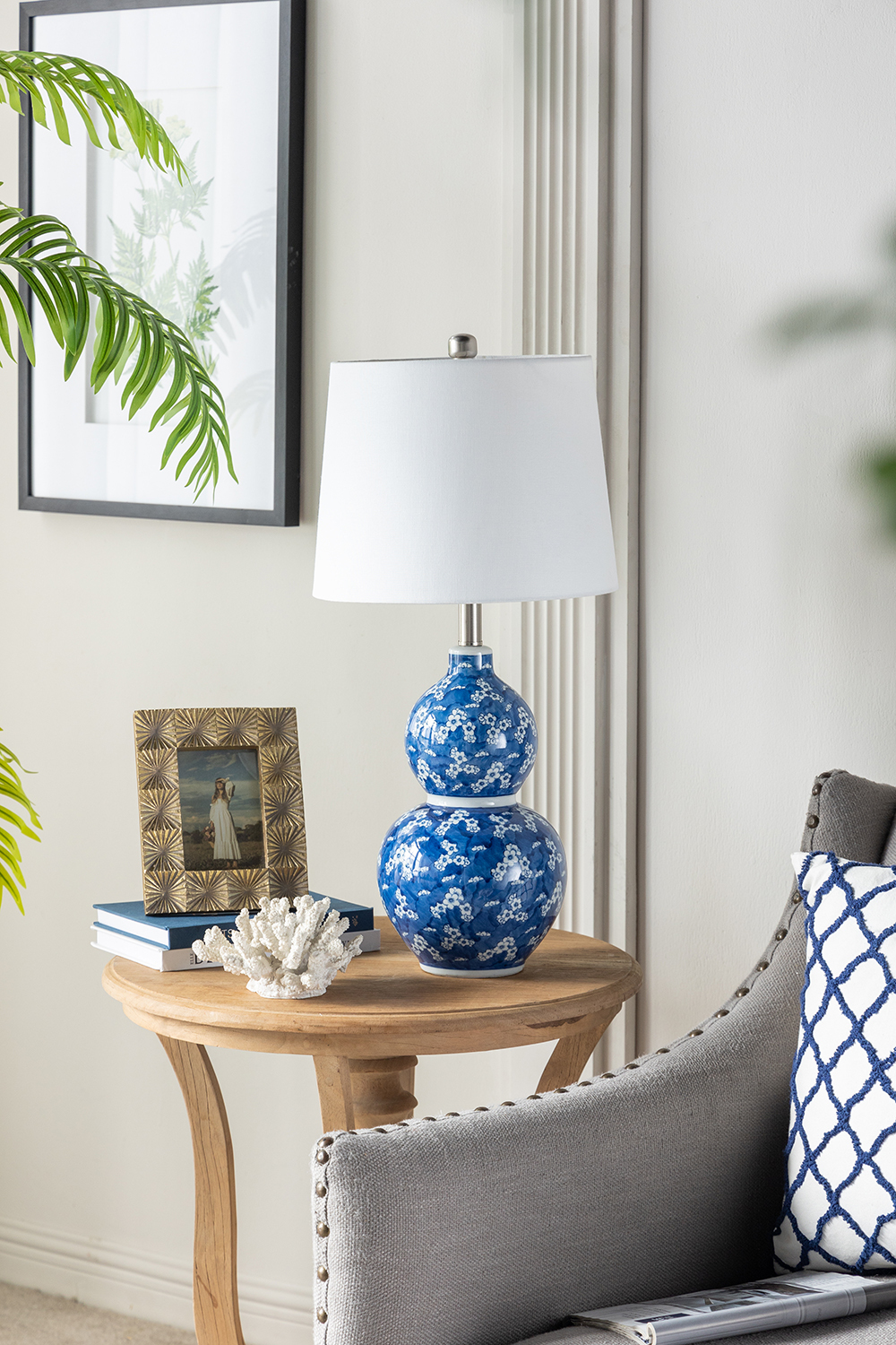 Anmytek Blue And White Two Tiered Ceramic Vase Table Lamp D13x25.7 Inch Decorative Lamp For Living Room Bedroom End Table