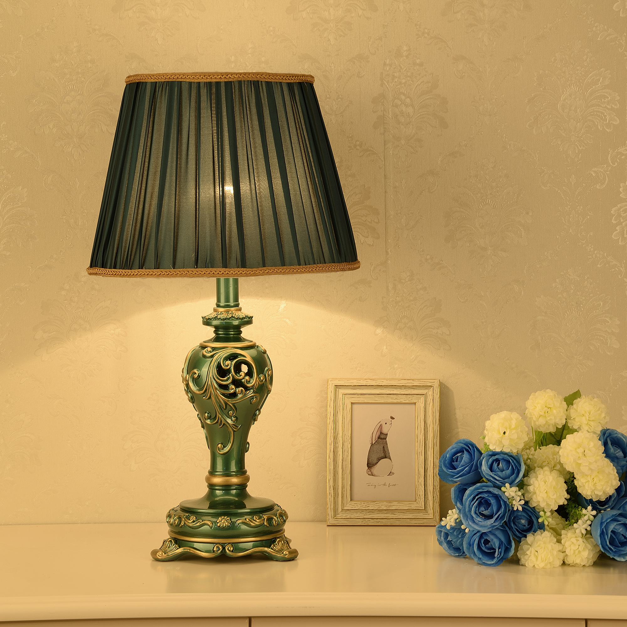 Anmytek Farmhouse Table Lamp Vintage Hollow Out Resin Lamp Dark Green With Nightlight Bulb Included For Living Room Bedroom End Table