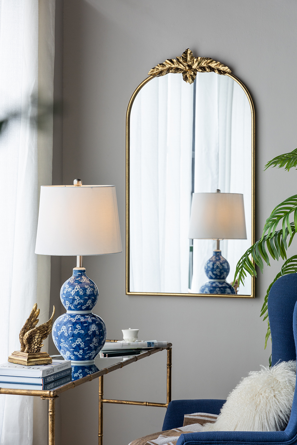 Anmytek Blue And White Two Tiered Ceramic Vase Table Lamp D13x25.7 Inch Decorative Lamp For Living Room Bedroom End Table