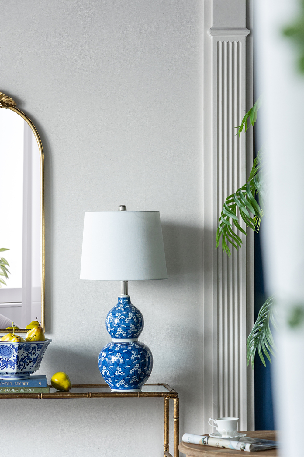 Anmytek Blue And White Two Tiered Ceramic Vase Table Lamp D13x25.7 Inch Decorative Lamp For Living Room Bedroom End Table
