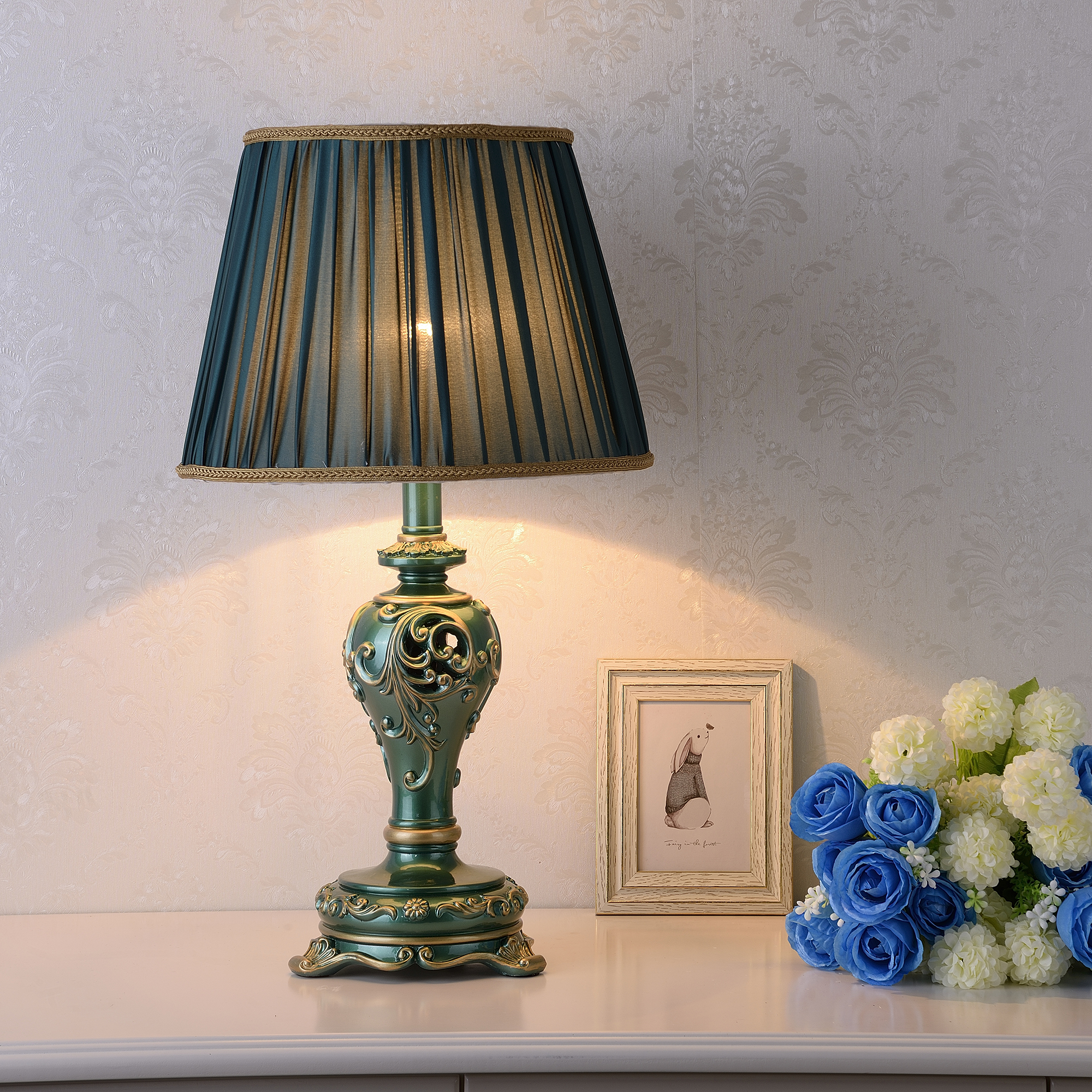 Anmytek Farmhouse Table Lamp Vintage Hollow Out Resin Lamp Dark Green With Nightlight Bulb Included For Living Room Bedroom End Table