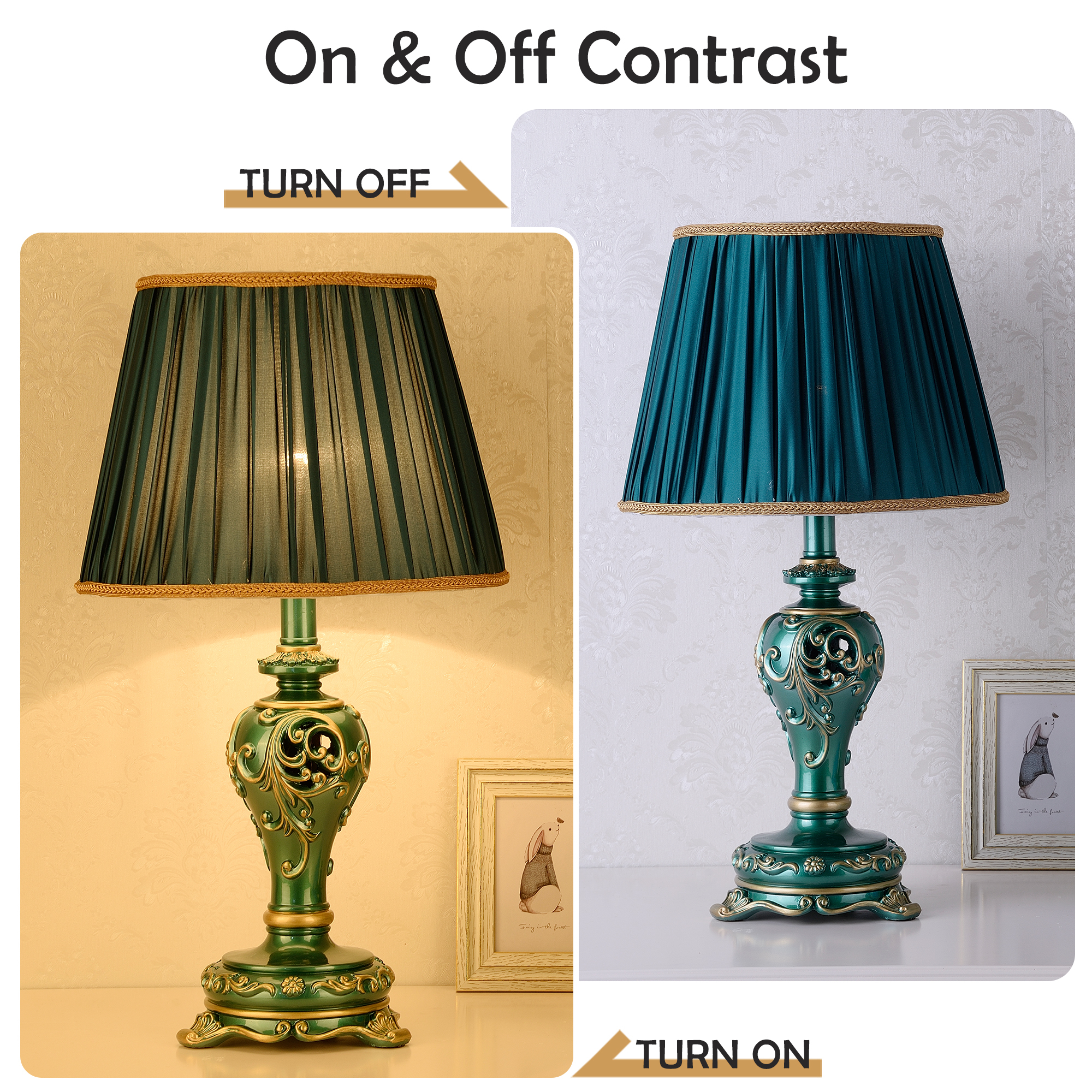 Anmytek Farmhouse Table Lamp Vintage Hollow Out Resin Lamp Dark Green With Nightlight Bulb Included For Living Room Bedroom End Table