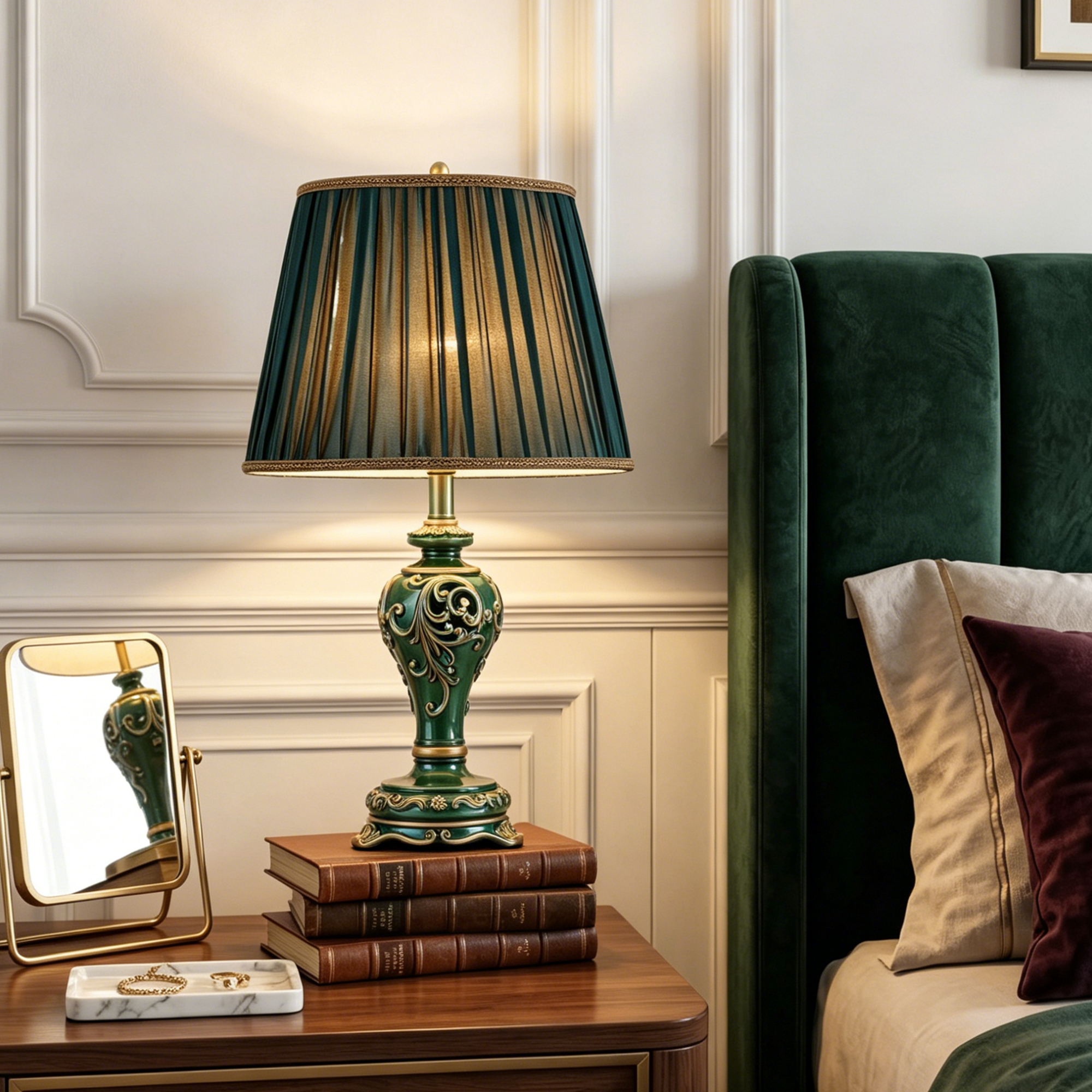 Anmytek Farmhouse Table Lamp Vintage Hollow Out Resin Lamp Dark Green With Nightlight Bulb Included For Living Room Bedroom End Table