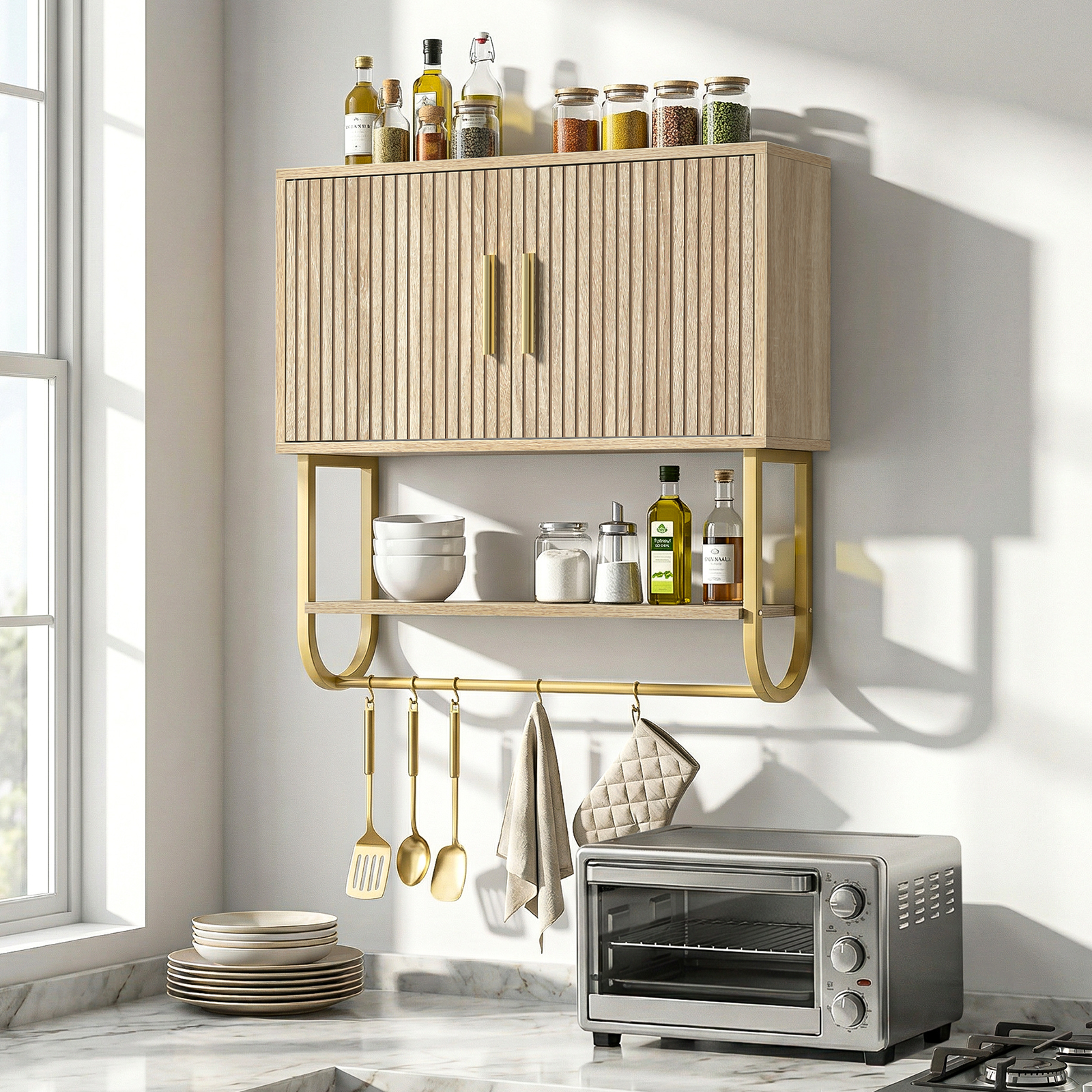 Bathroom Wall Cabinet with Fluted Doors - Over The Toilet Storage 60x18x60 cm, Modern Medicine Cabinet with Shelves & Towel Bar for Bathroom Organizer