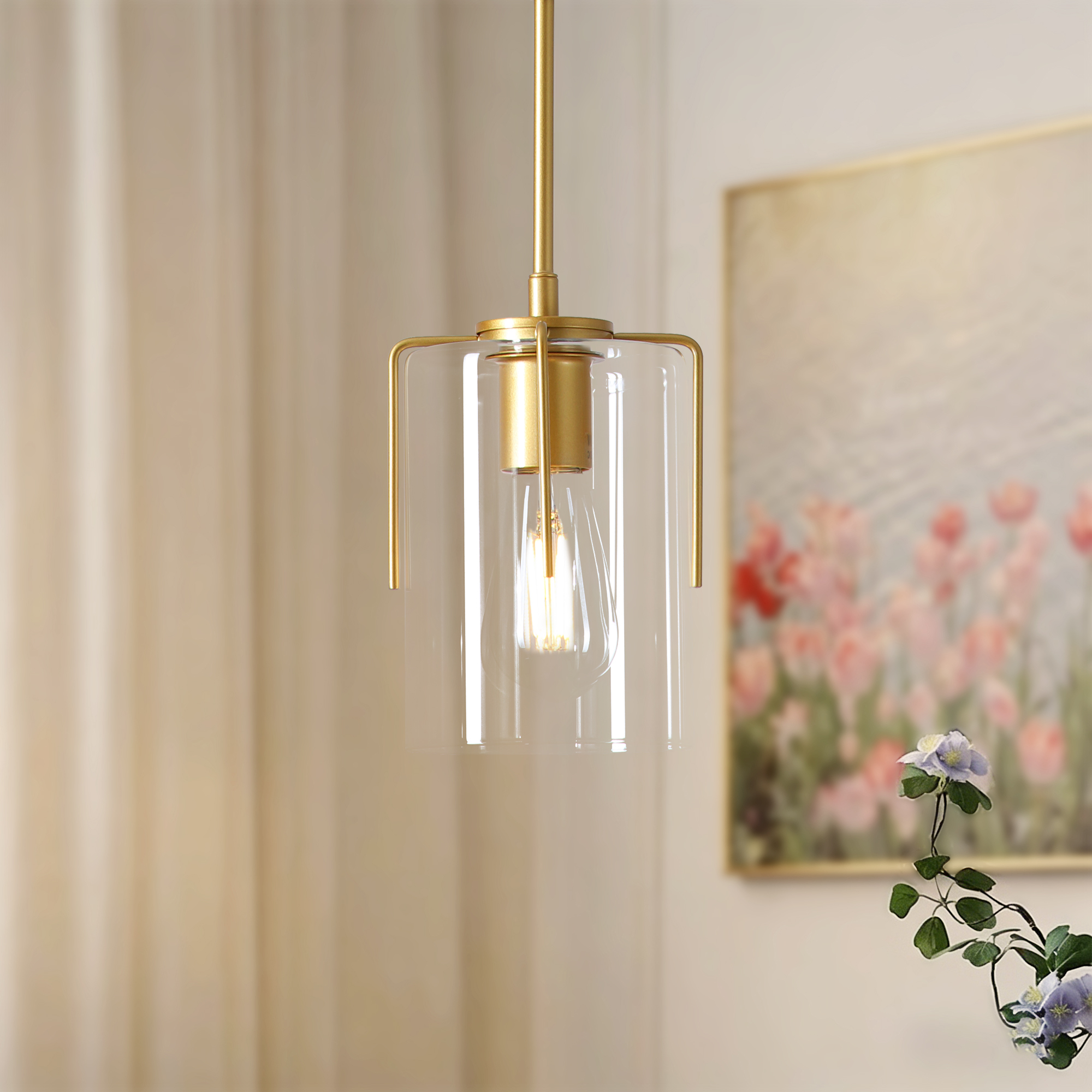 Anmytek 1‑Light Farmhouse Gold Pendant Light Modern Adjustable Hanging Ceiling Fixture with Clear Glass for Dining Table Kitchen Island Entryway Hallway Bedroom