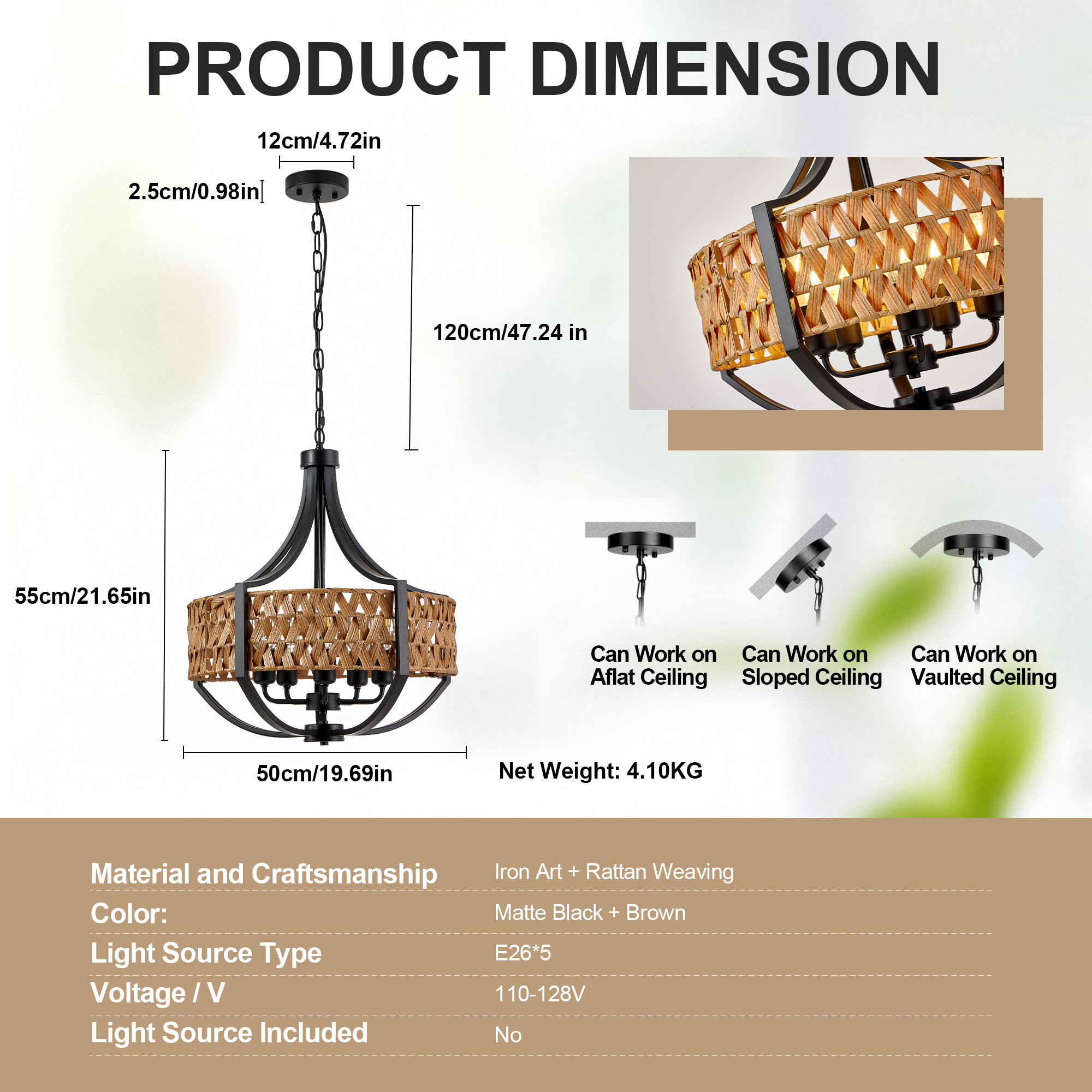 Anmytek 5‑Light Boho Rattan Chandelier Black Farmhouse Hanging Pendant Light with Natural Woven Reed Shade for Dining Room Living Room Foyer Bedroom Hallway