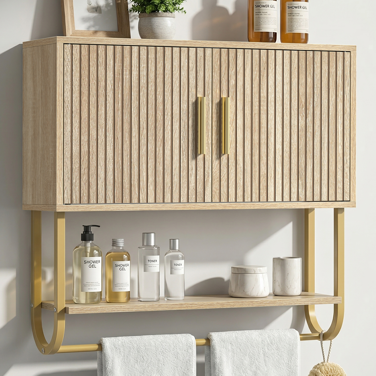 Bathroom Wall Cabinet with Fluted Doors - Over The Toilet Storage 60x18x60 cm, Modern Medicine Cabinet with Shelves & Towel Bar for Bathroom Organizer