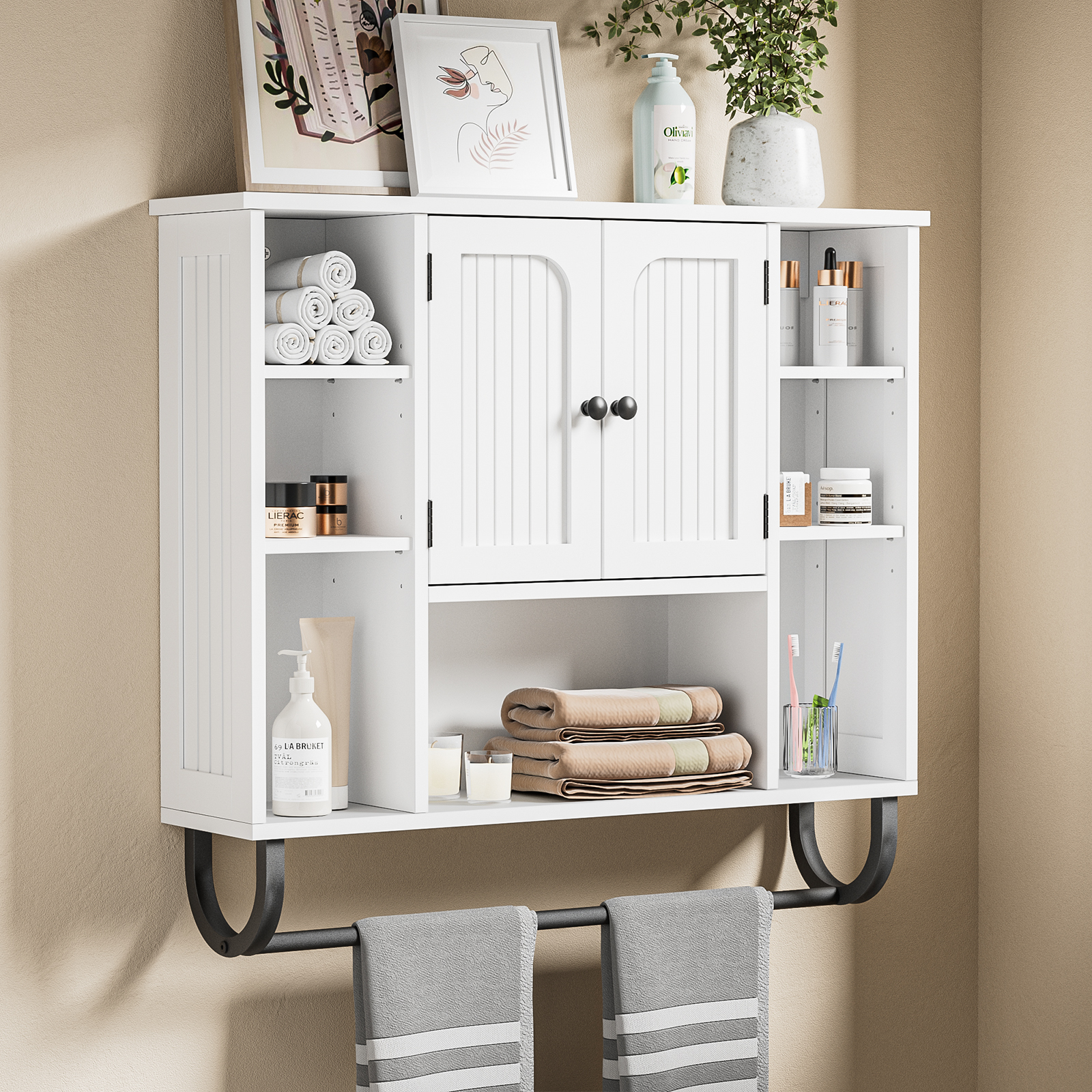 WhiteBathroom Wall Cabinet - Medicine Cabinet with Adjustable Shelves & Doors, 80*19*70 cm Over The Toilet Storage for Bathroom, Wall Mounted Organizer for Laundry Room Kitchen Living Room