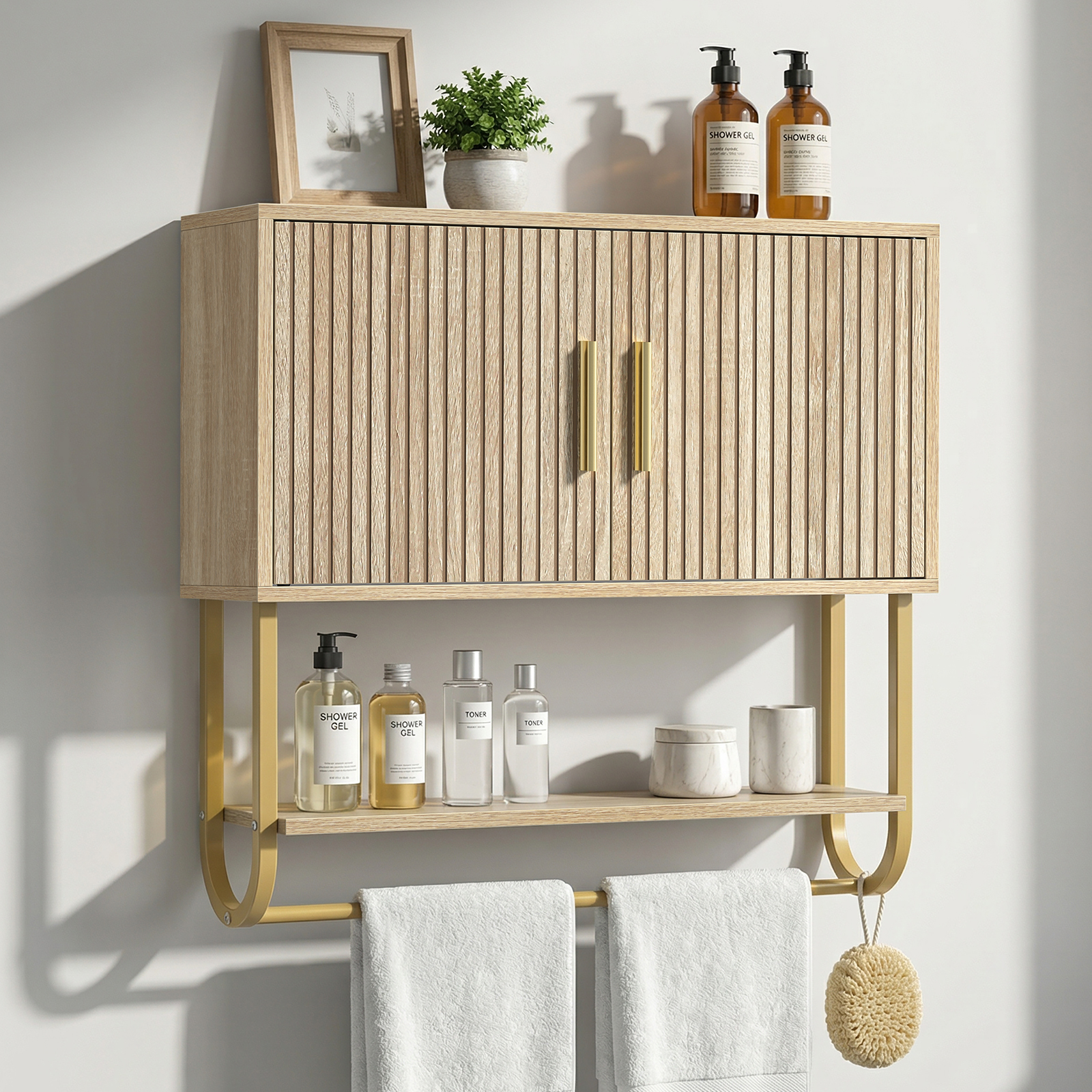Bathroom Wall Cabinet with Fluted Doors - Over The Toilet Storage 60x18x60 cm, Modern Medicine Cabinet with Shelves & Towel Bar for Bathroom Organizer