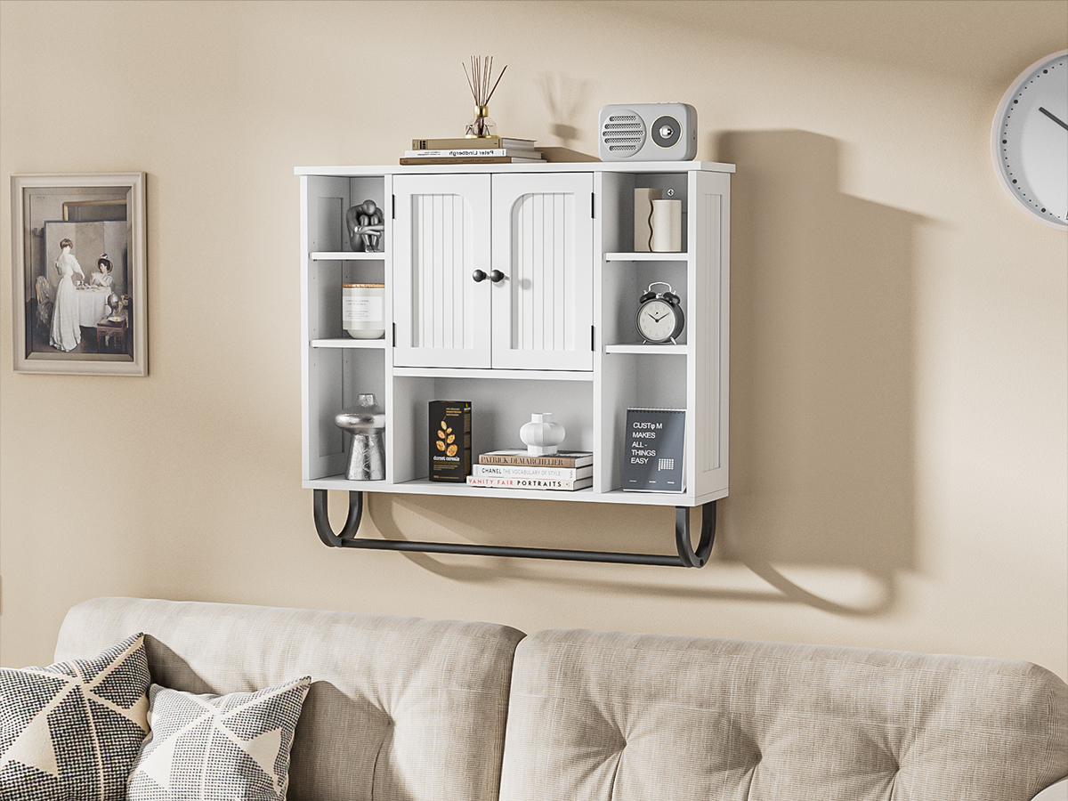 WhiteBathroom Wall Cabinet - Medicine Cabinet with Adjustable Shelves & Doors, 80*19*70 cm Over The Toilet Storage for Bathroom, Wall Mounted Organizer for Laundry Room Kitchen Living Room