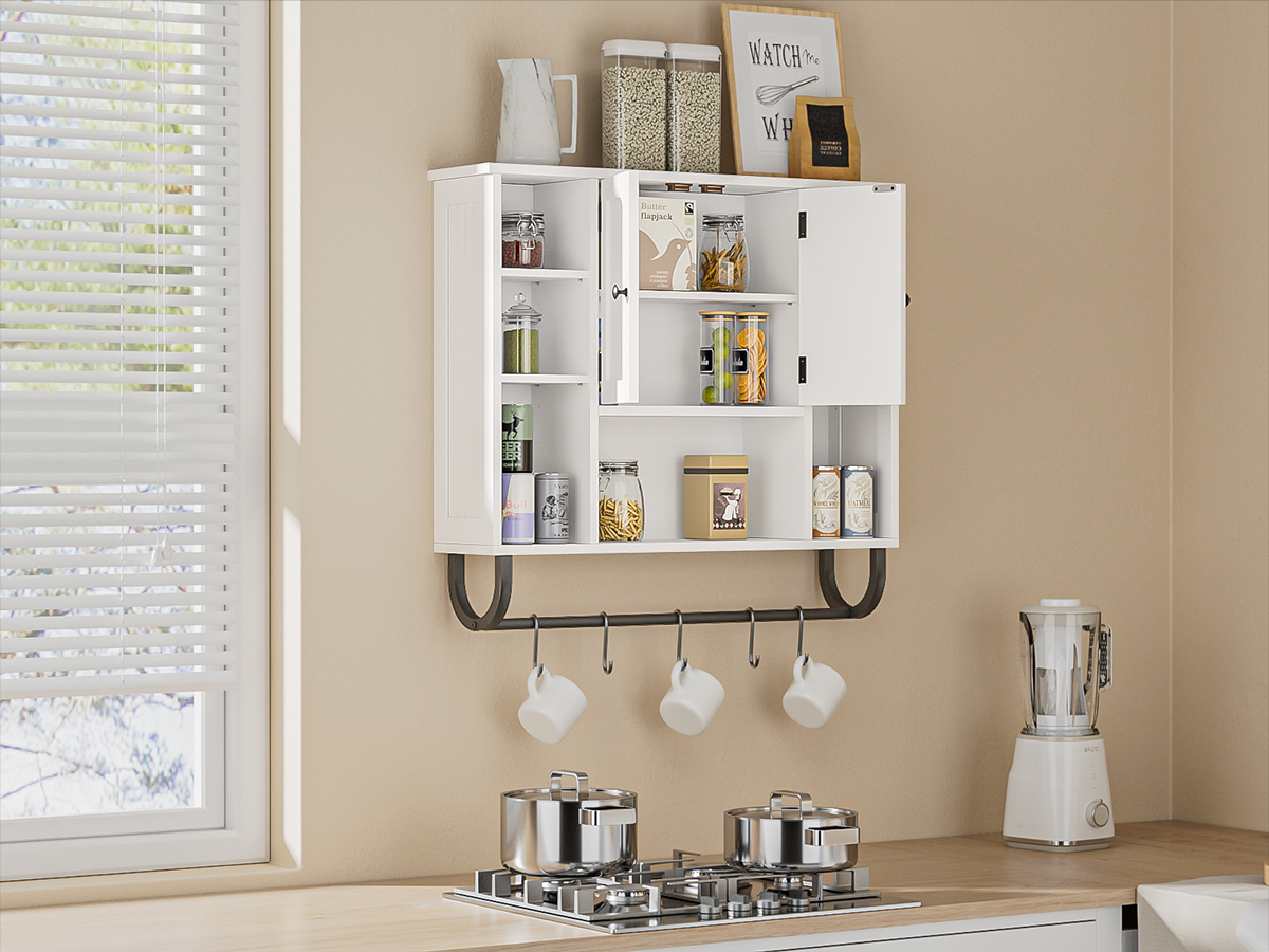 WhiteBathroom Wall Cabinet - Medicine Cabinet with Adjustable Shelves & Doors, 80*19*70 cm Over The Toilet Storage for Bathroom, Wall Mounted Organizer for Laundry Room Kitchen Living Room