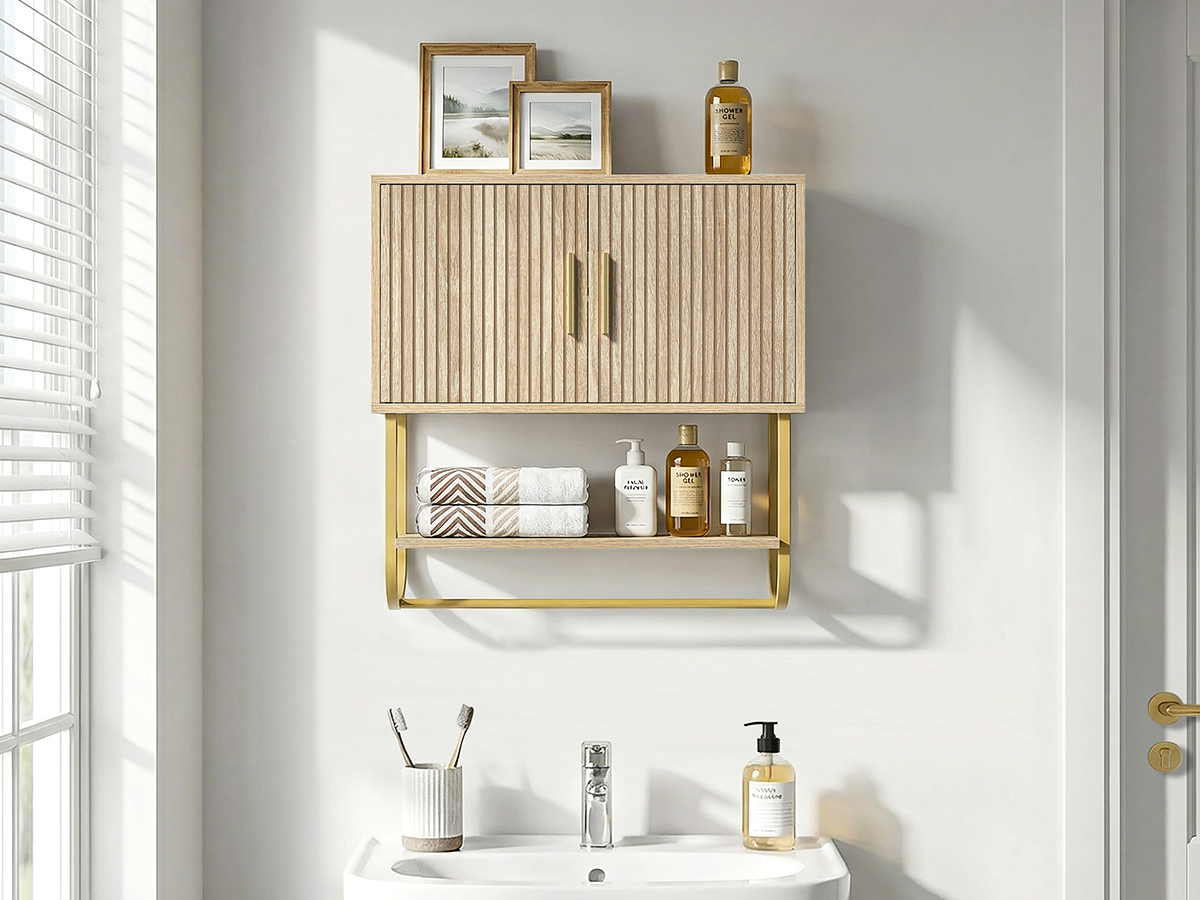 Bathroom Wall Cabinet with Fluted Doors - Over The Toilet Storage 60x18x60 cm, Modern Medicine Cabinet with Shelves & Towel Bar for Bathroom Organizer