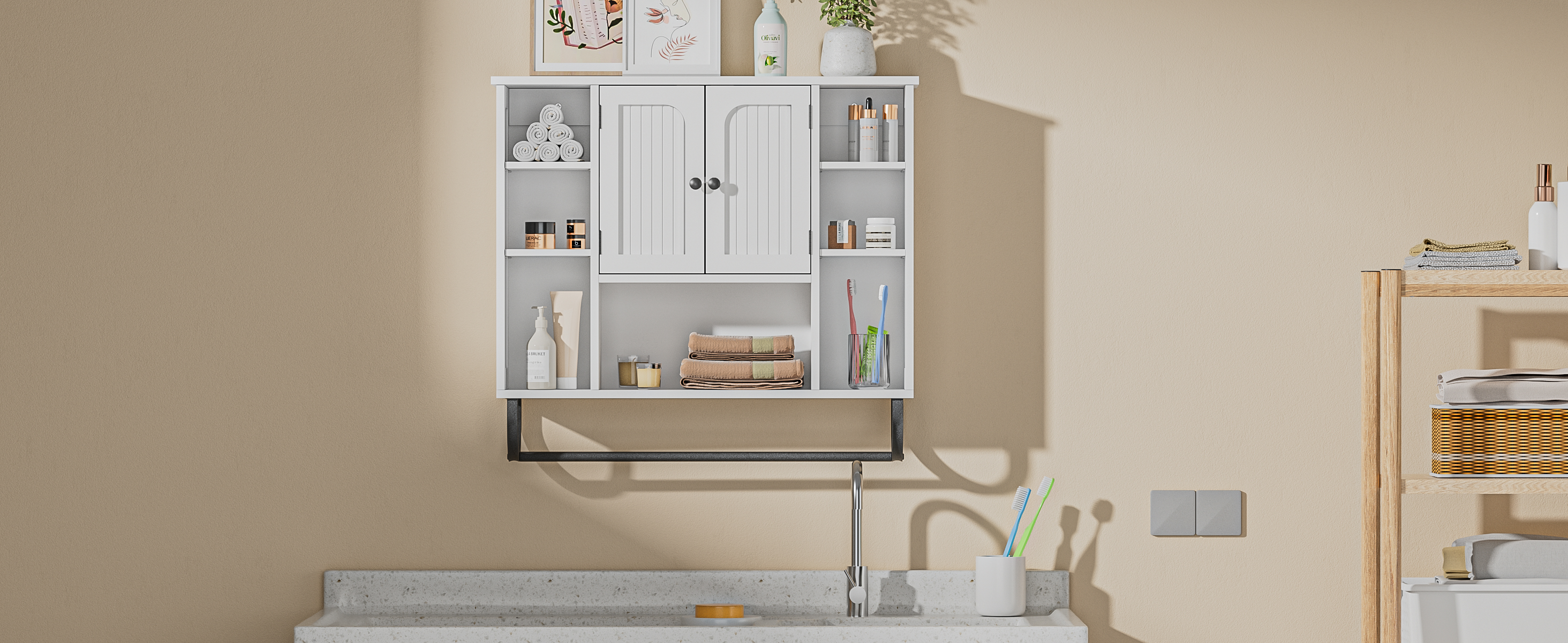 WhiteBathroom Wall Cabinet - Medicine Cabinet with Adjustable Shelves & Doors, 80*19*70 cm Over The Toilet Storage for Bathroom, Wall Mounted Organizer for Laundry Room Kitchen Living Room
