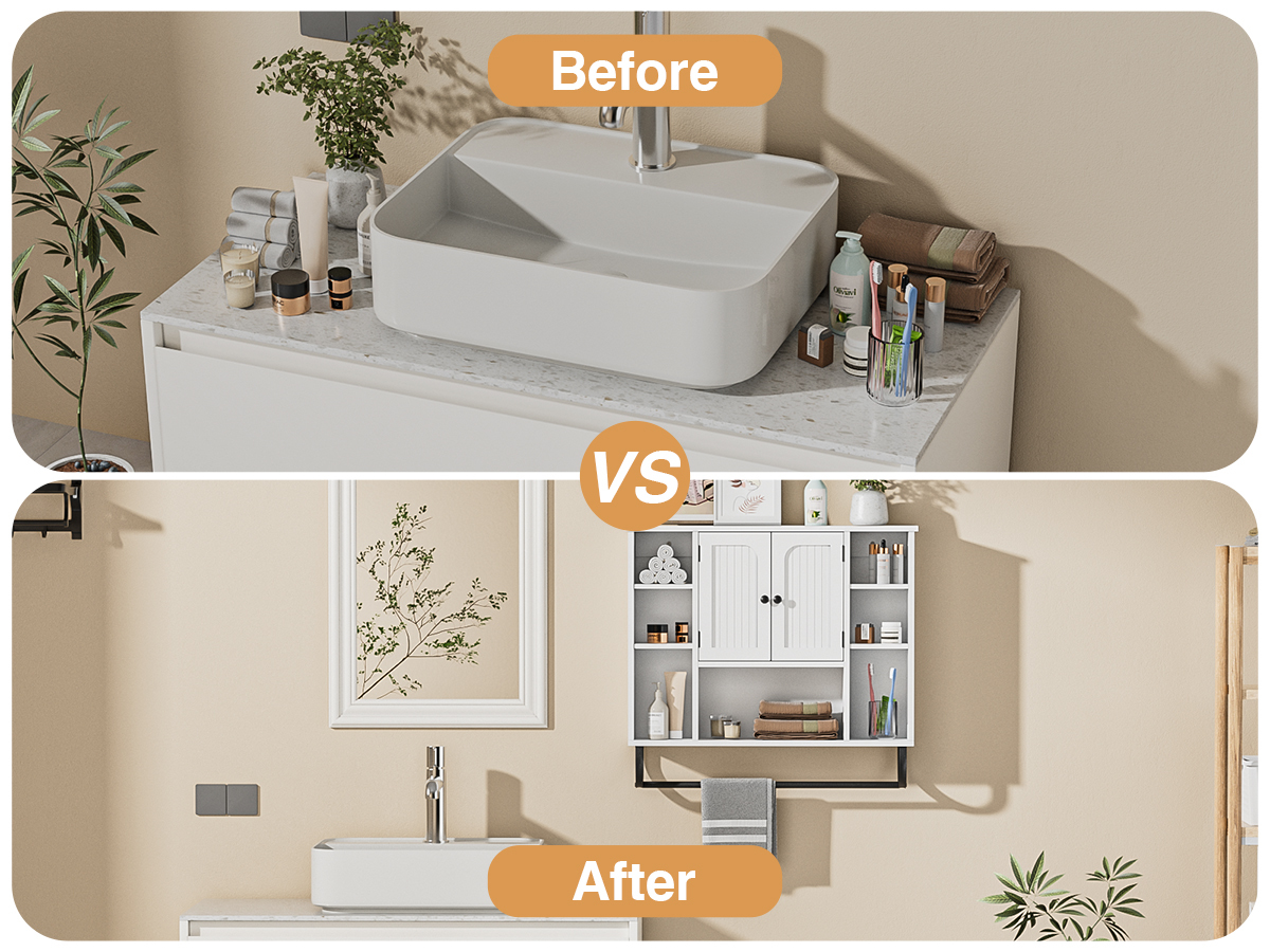 WhiteBathroom Wall Cabinet - Medicine Cabinet with Adjustable Shelves & Doors, 80*19*70 cm Over The Toilet Storage for Bathroom, Wall Mounted Organizer for Laundry Room Kitchen Living Room