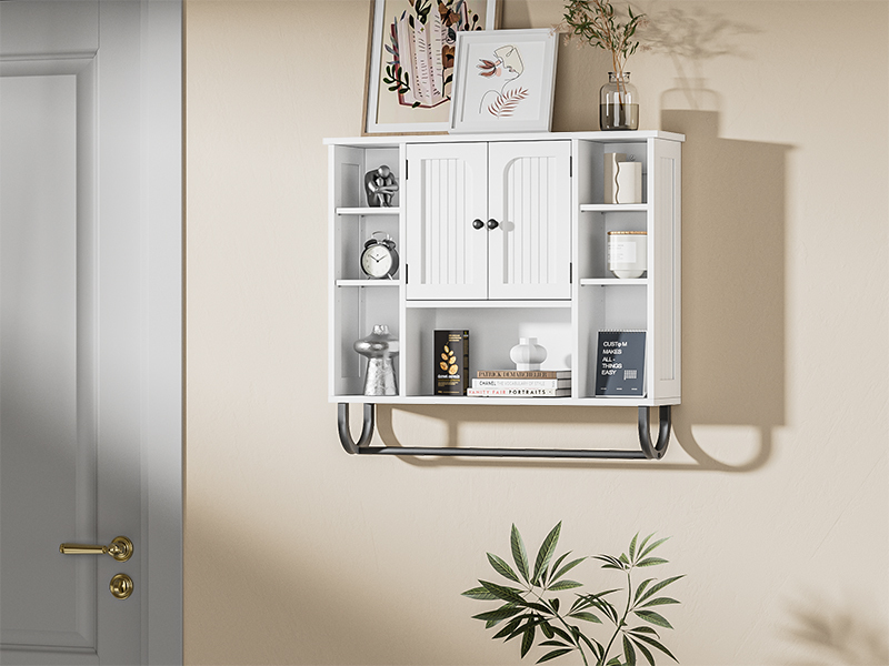 WhiteBathroom Wall Cabinet - Medicine Cabinet with Adjustable Shelves & Doors, 80*19*70 cm Over The Toilet Storage for Bathroom, Wall Mounted Organizer for Laundry Room Kitchen Living Room