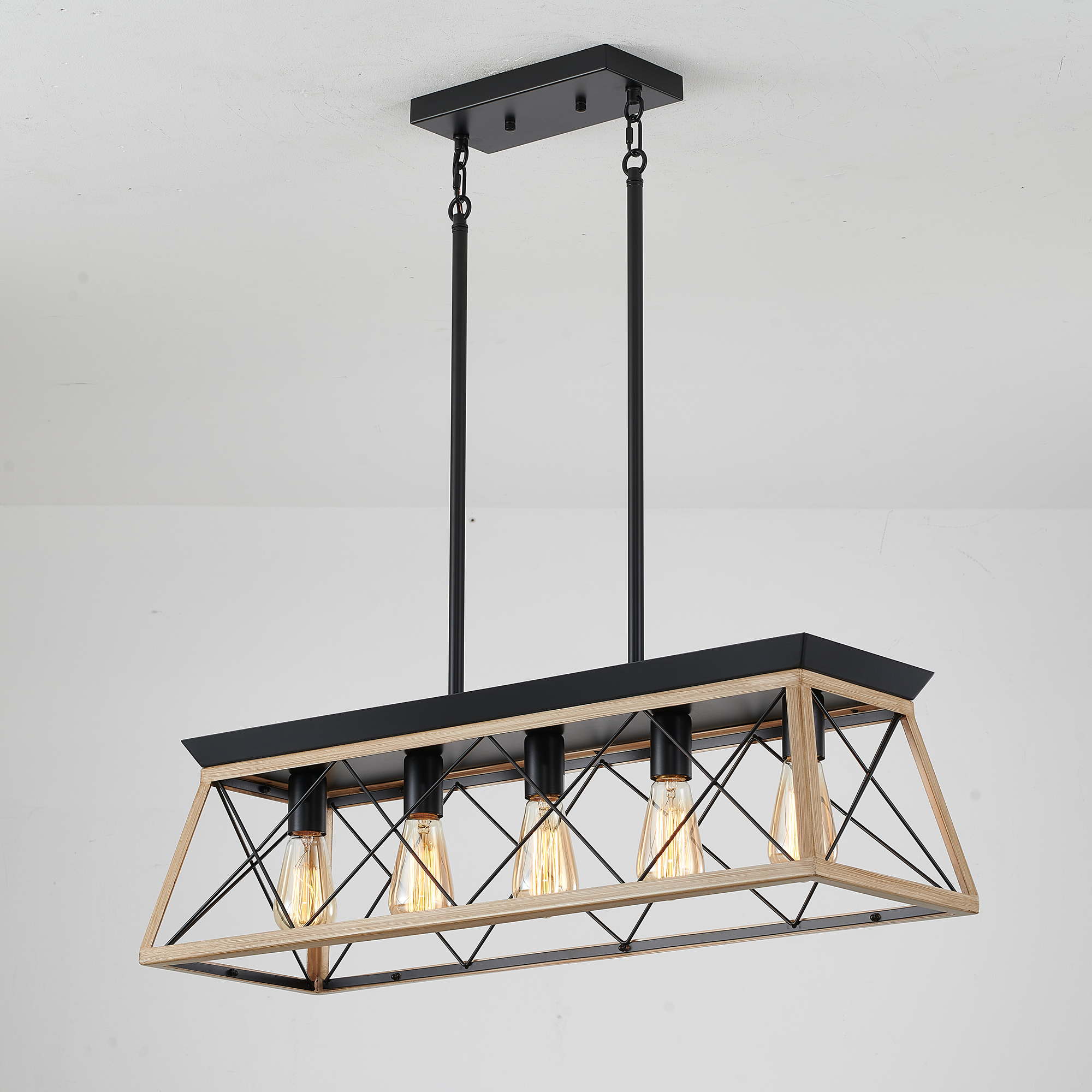 Anmytek 5‑Light Farmhouse Linear Chandelier Rustic Wood Rectangular Pendant Light Fixture for Dining Room Kitchen Island No Bulbs Included