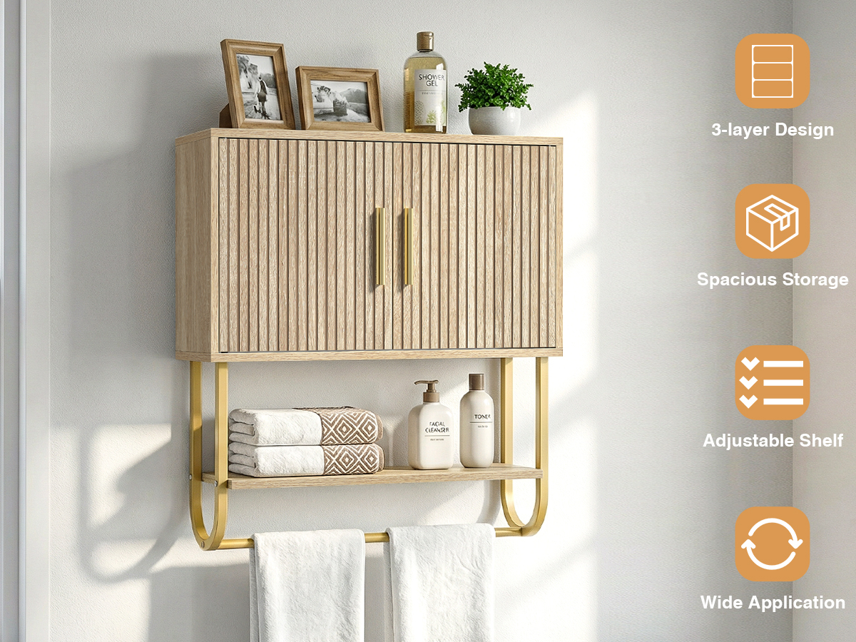 Bathroom Wall Cabinet with Fluted Doors - Over The Toilet Storage 60x18x60 cm, Modern Medicine Cabinet with Shelves & Towel Bar for Bathroom Organizer