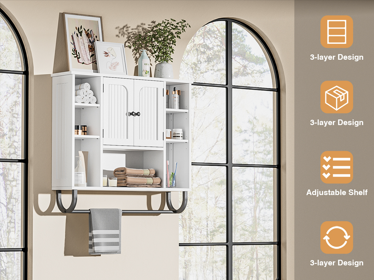 WhiteBathroom Wall Cabinet - Medicine Cabinet with Adjustable Shelves & Doors, 80*19*70 cm Over The Toilet Storage for Bathroom, Wall Mounted Organizer for Laundry Room Kitchen Living Room