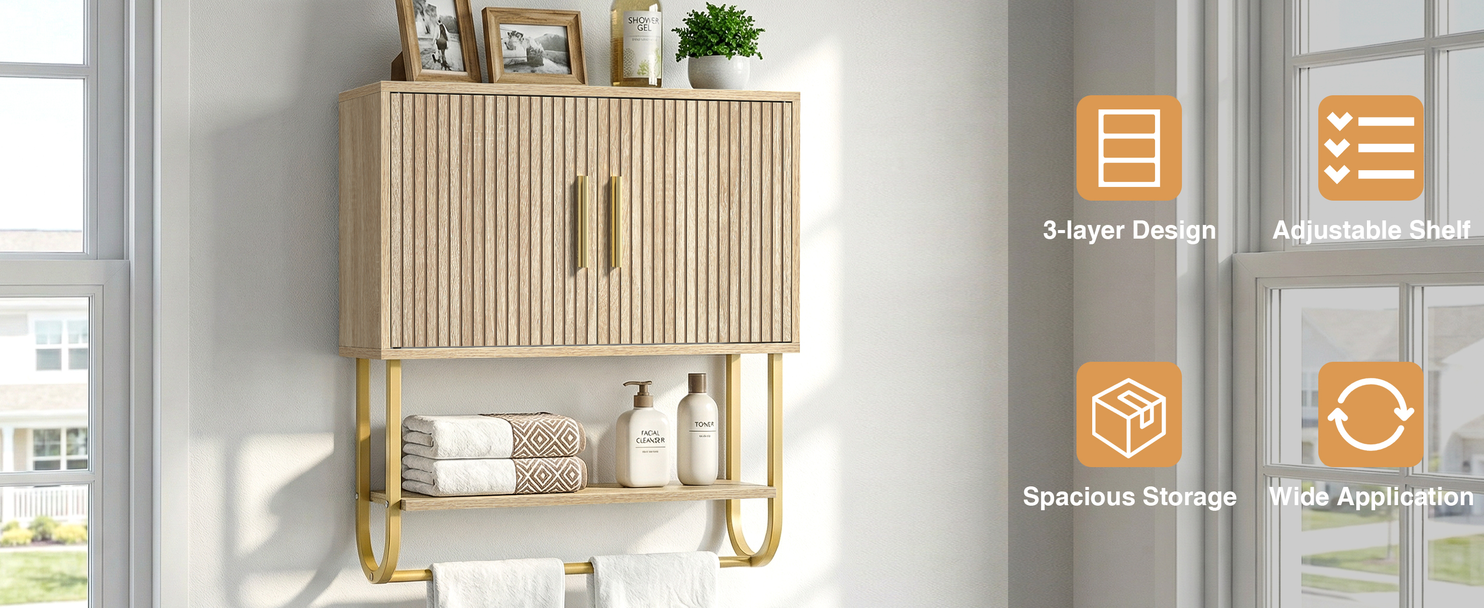 Bathroom Wall Cabinet with Fluted Doors - Over The Toilet Storage 60x18x60 cm, Modern Medicine Cabinet with Shelves & Towel Bar for Bathroom Organizer