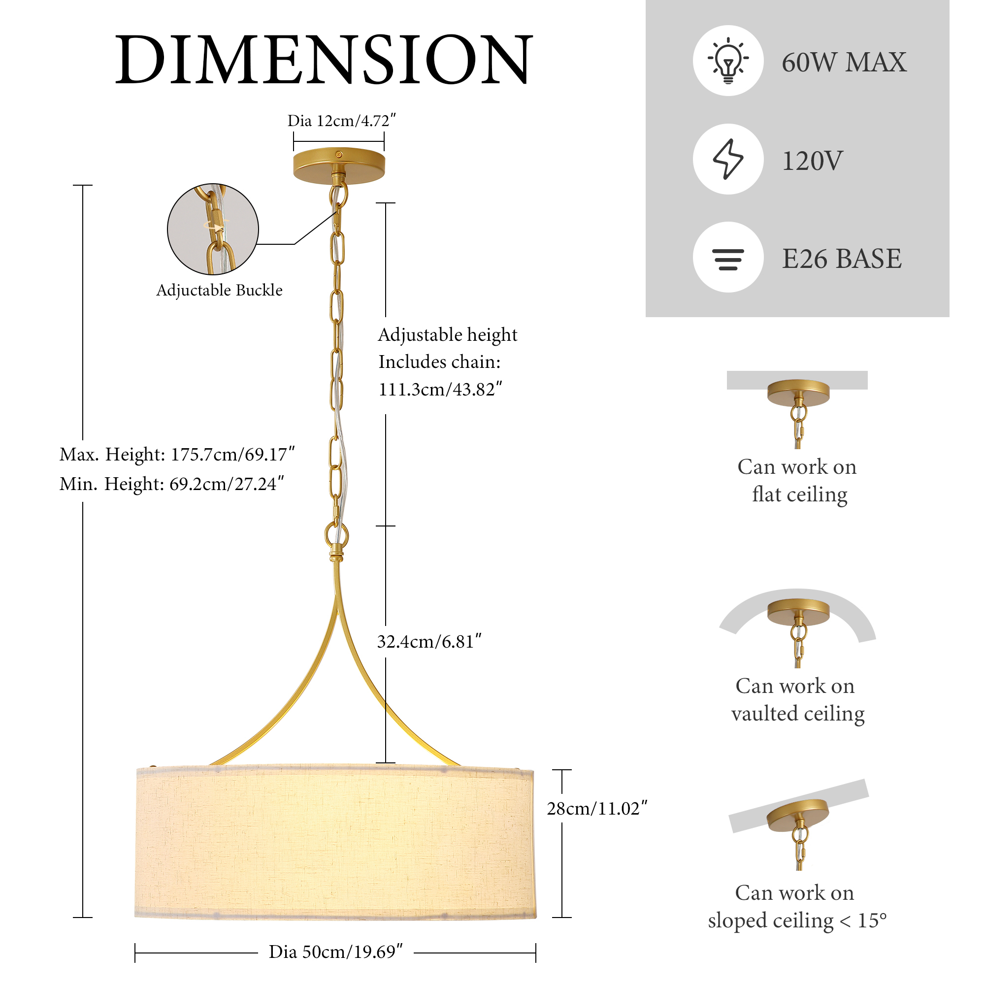 Anmytek 3‑Light Gold Fabric Drum Pendant Light Transitional Farmhouse Chandelier Adjustable Height Ceiling Light Fixture for Dining Room Kitchen Island Living Room Entryway
