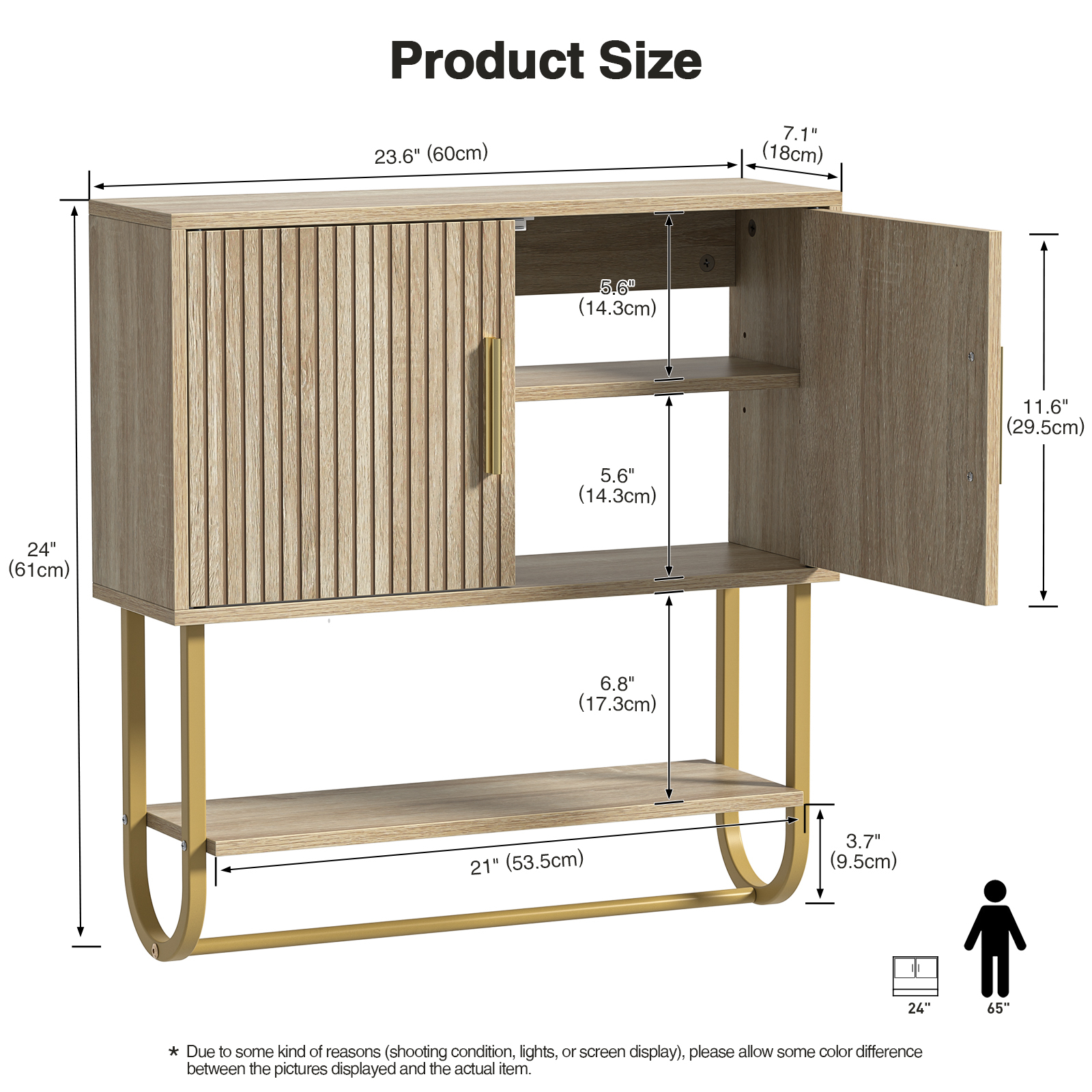 Bathroom Wall Cabinet with Fluted Doors - Over The Toilet Storage 60x18x60 cm, Modern Medicine Cabinet with Shelves & Towel Bar for Bathroom Organizer