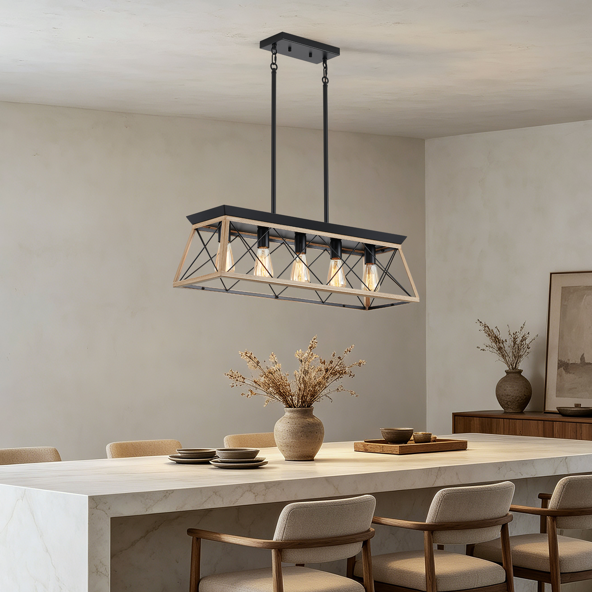Anmytek 5‑Light Farmhouse Linear Chandelier Rustic Wood Rectangular Pendant Light Fixture for Dining Room Kitchen Island No Bulbs Included