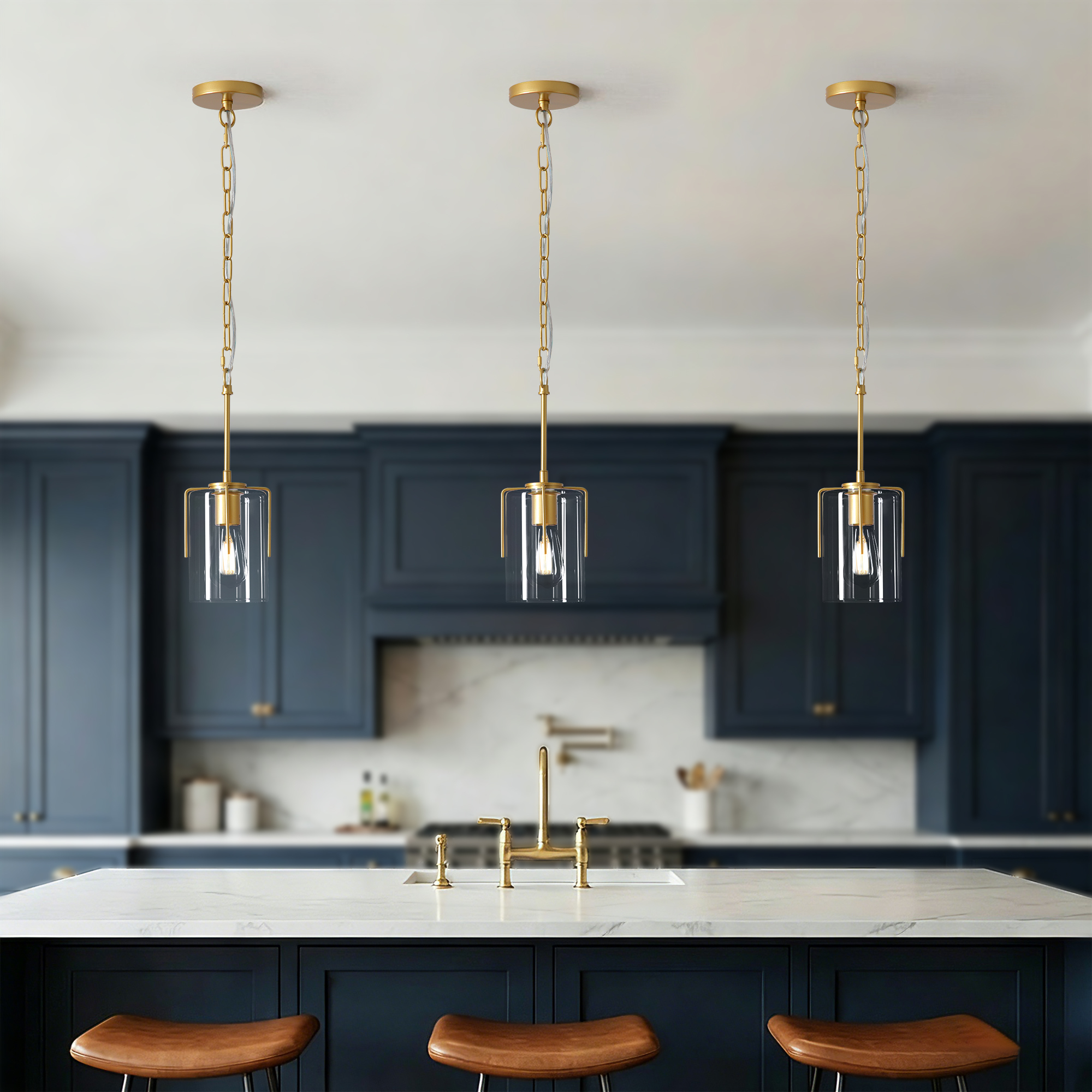 Anmytek 1‑Light Farmhouse Gold Pendant Light Modern Adjustable Hanging Ceiling Fixture with Clear Glass for Dining Table Kitchen Island Entryway Hallway Bedroom