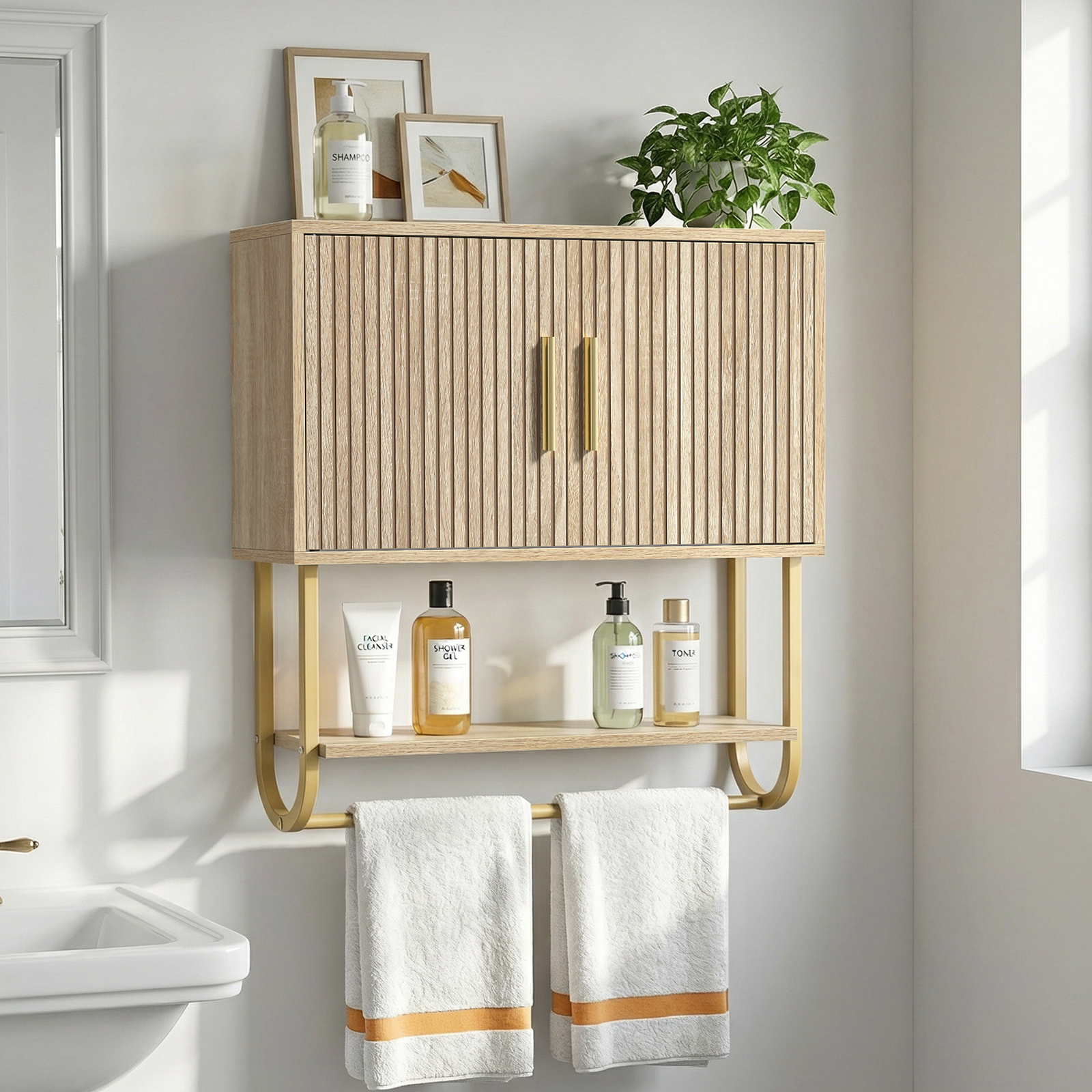 Bathroom Wall Cabinet with Fluted Doors - Over The Toilet Storage 60x18x60 cm, Modern Medicine Cabinet with Shelves & Towel Bar for Bathroom Organizer