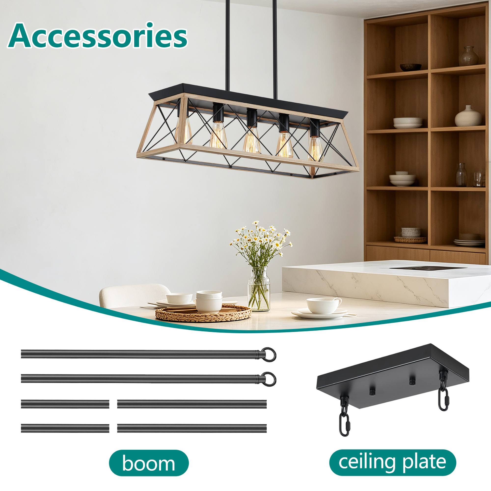Anmytek 5‑Light Farmhouse Linear Chandelier Rustic Wood Rectangular Pendant Light Fixture for Dining Room Kitchen Island No Bulbs Included