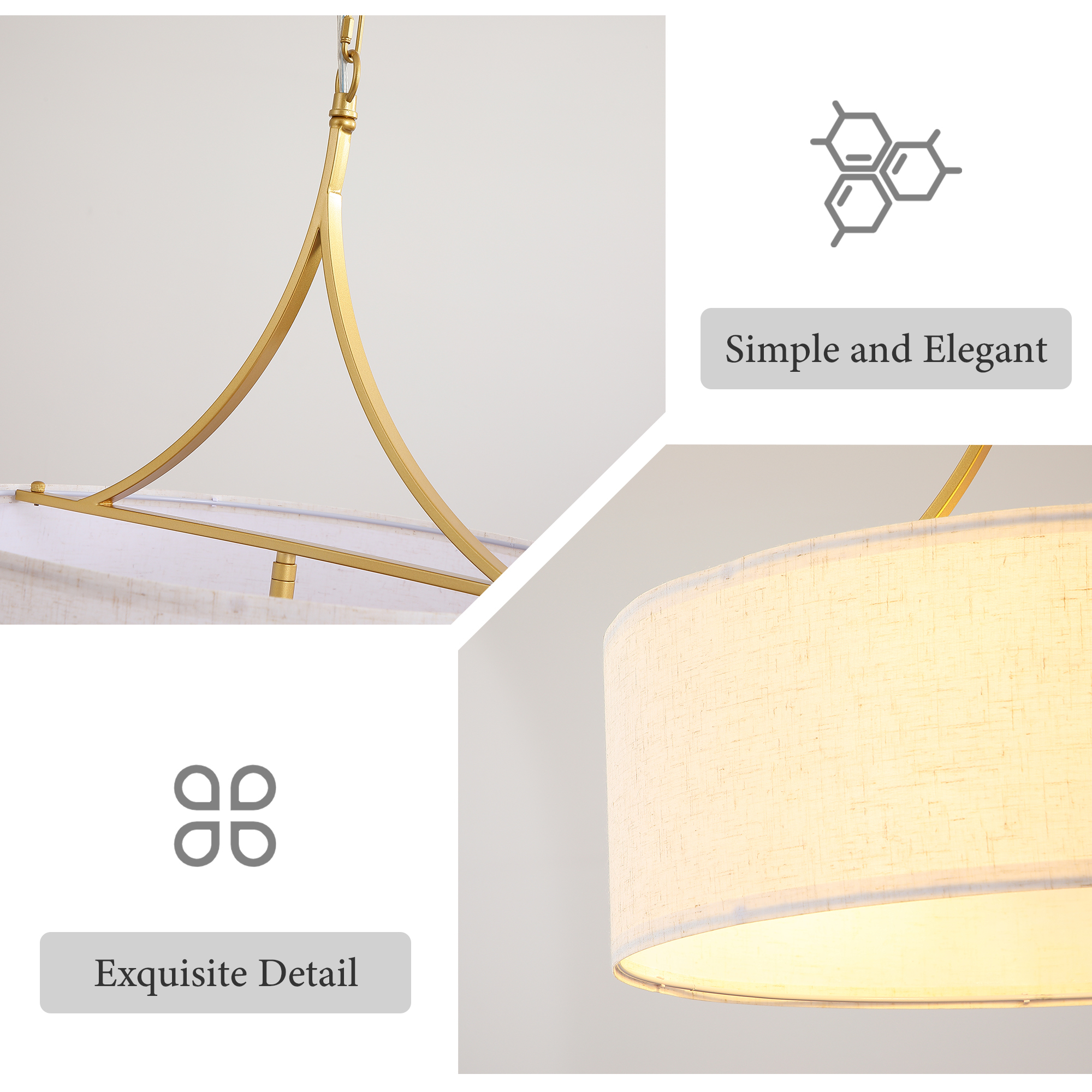 Anmytek 3‑Light Gold Fabric Drum Pendant Light Transitional Farmhouse Chandelier Adjustable Height Ceiling Light Fixture for Dining Room Kitchen Island Living Room Entryway
