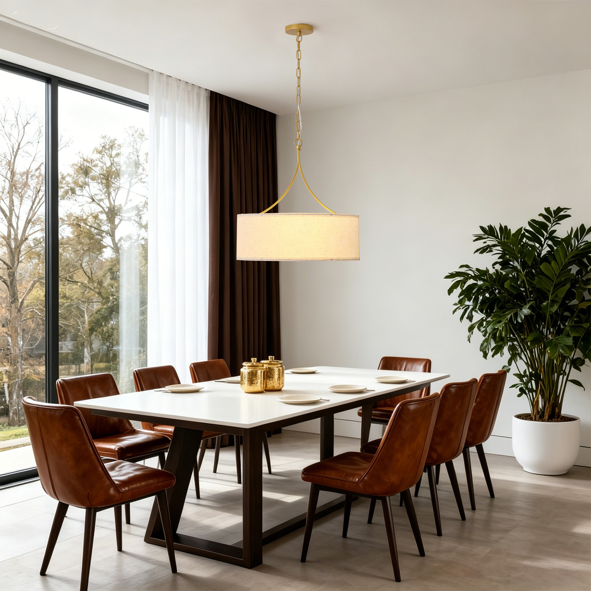 Anmytek 3‑Light Gold Fabric Drum Pendant Light Transitional Farmhouse Chandelier Adjustable Height Ceiling Light Fixture for Dining Room Kitchen Island Living Room Entryway