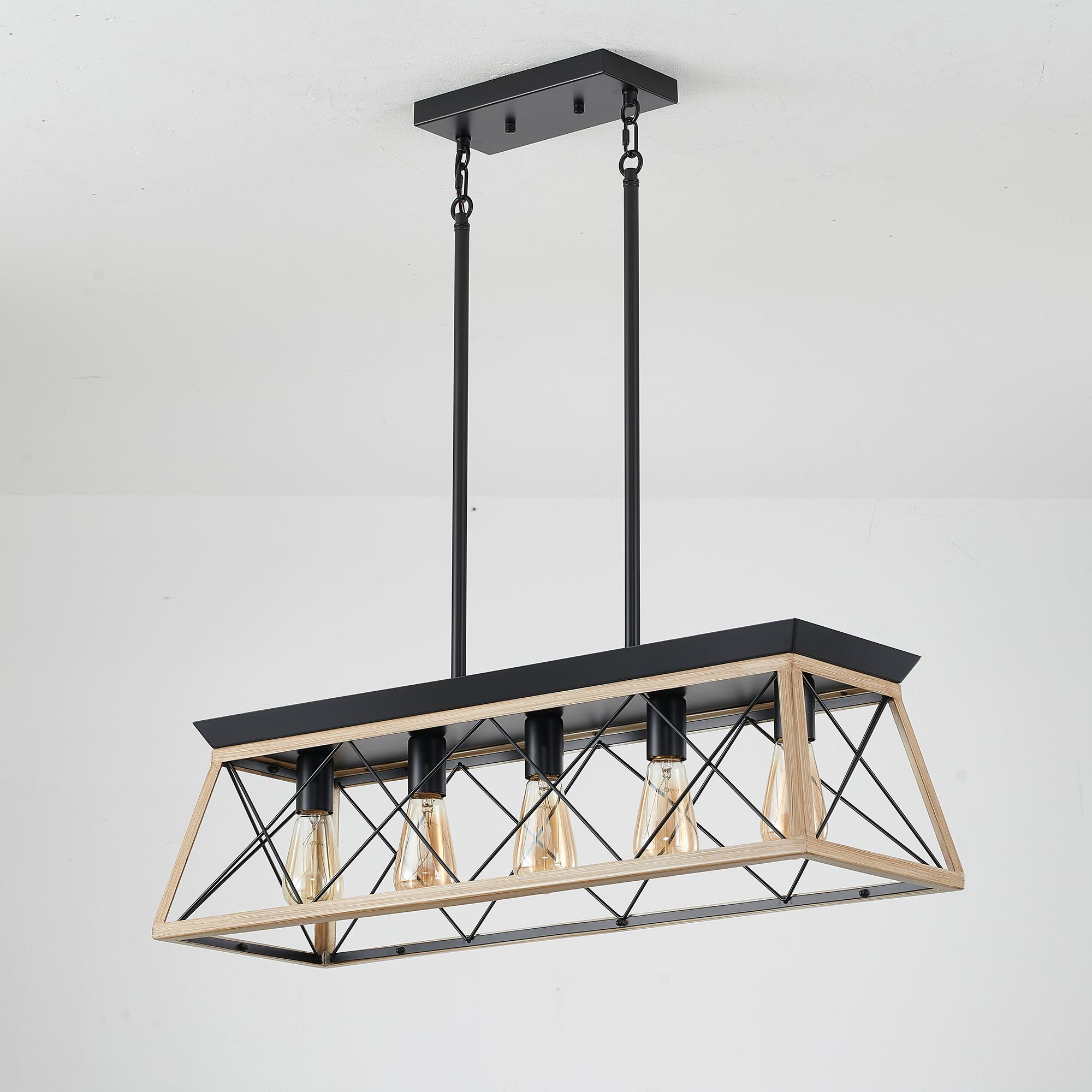Anmytek 5‑Light Farmhouse Linear Chandelier Rustic Wood Rectangular Pendant Light Fixture for Dining Room Kitchen Island No Bulbs Included