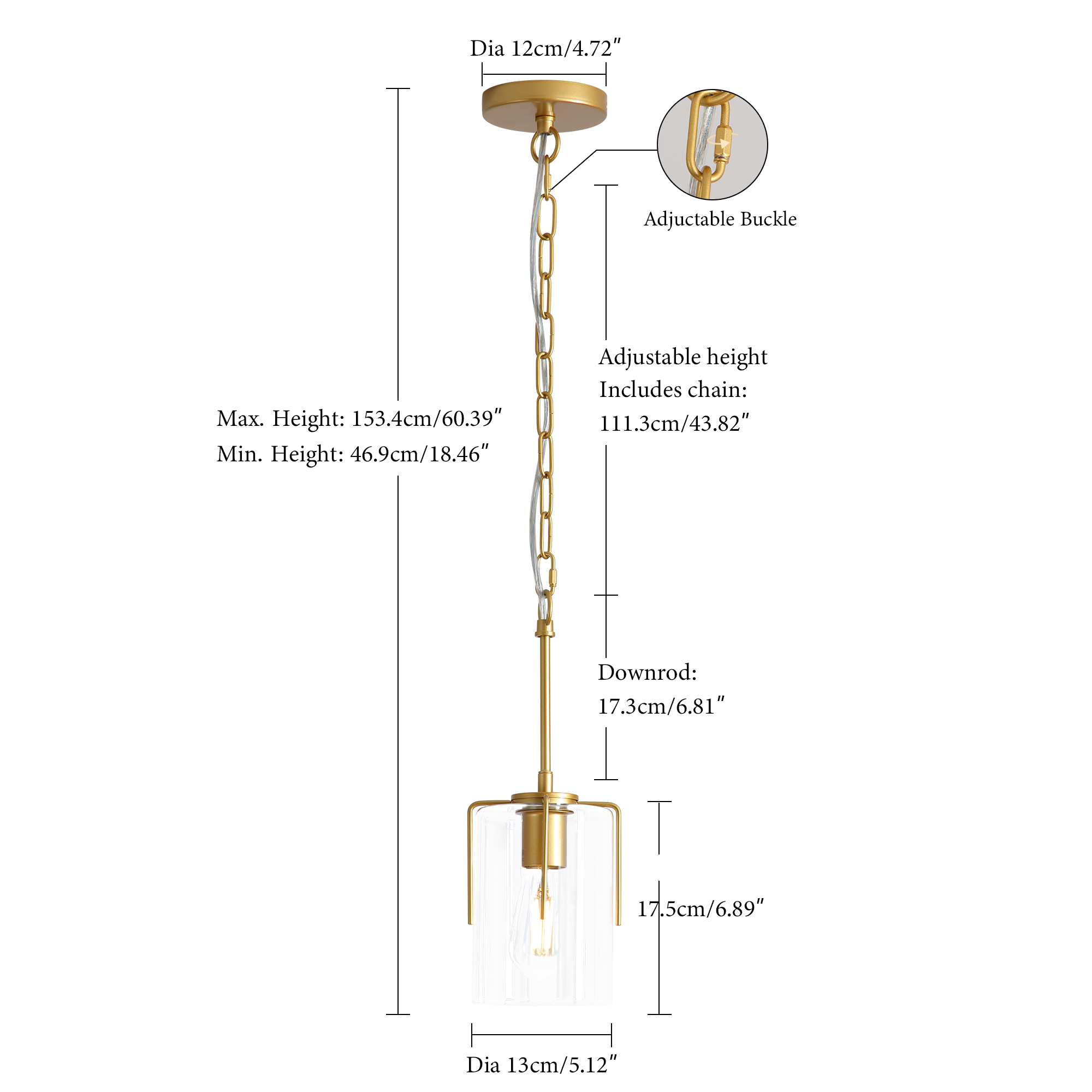 Anmytek 1‑Light Farmhouse Gold Pendant Light Modern Adjustable Hanging Ceiling Fixture with Clear Glass for Dining Table Kitchen Island Entryway Hallway Bedroom