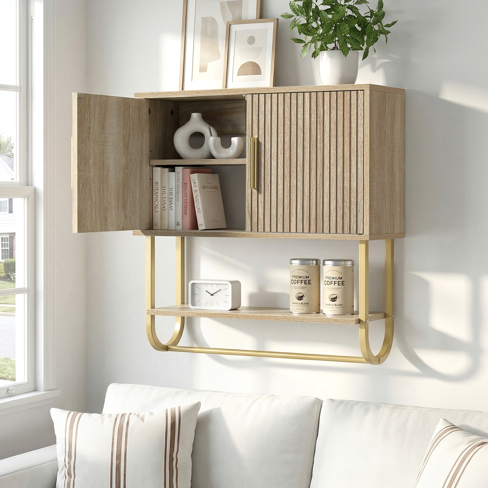 Bathroom Wall Cabinet with Fluted Doors - Over The Toilet Storage 60x18x60 cm, Modern Medicine Cabinet with Shelves & Towel Bar for Bathroom Organizer