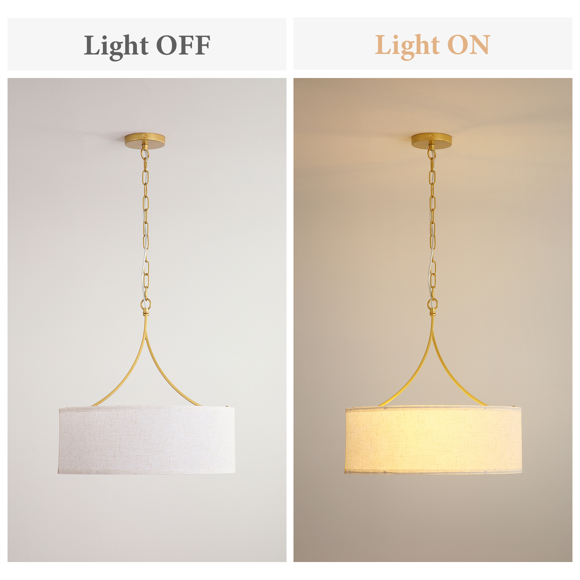 Anmytek 3‑Light Gold Fabric Drum Pendant Light Transitional Farmhouse Chandelier Adjustable Height Ceiling Light Fixture for Dining Room Kitchen Island Living Room Entryway