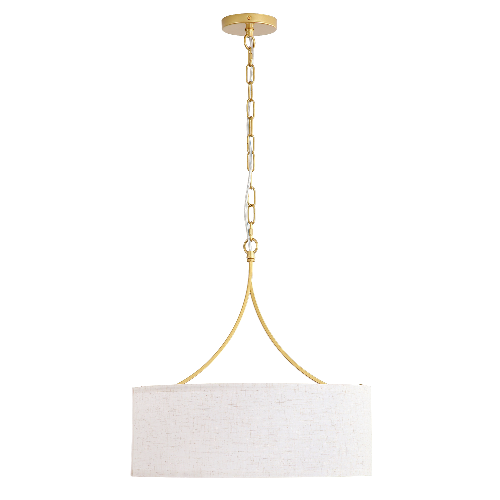Anmytek 3‑Light Gold Fabric Drum Pendant Light Transitional Farmhouse Chandelier Adjustable Height Ceiling Light Fixture for Dining Room Kitchen Island Living Room Entryway