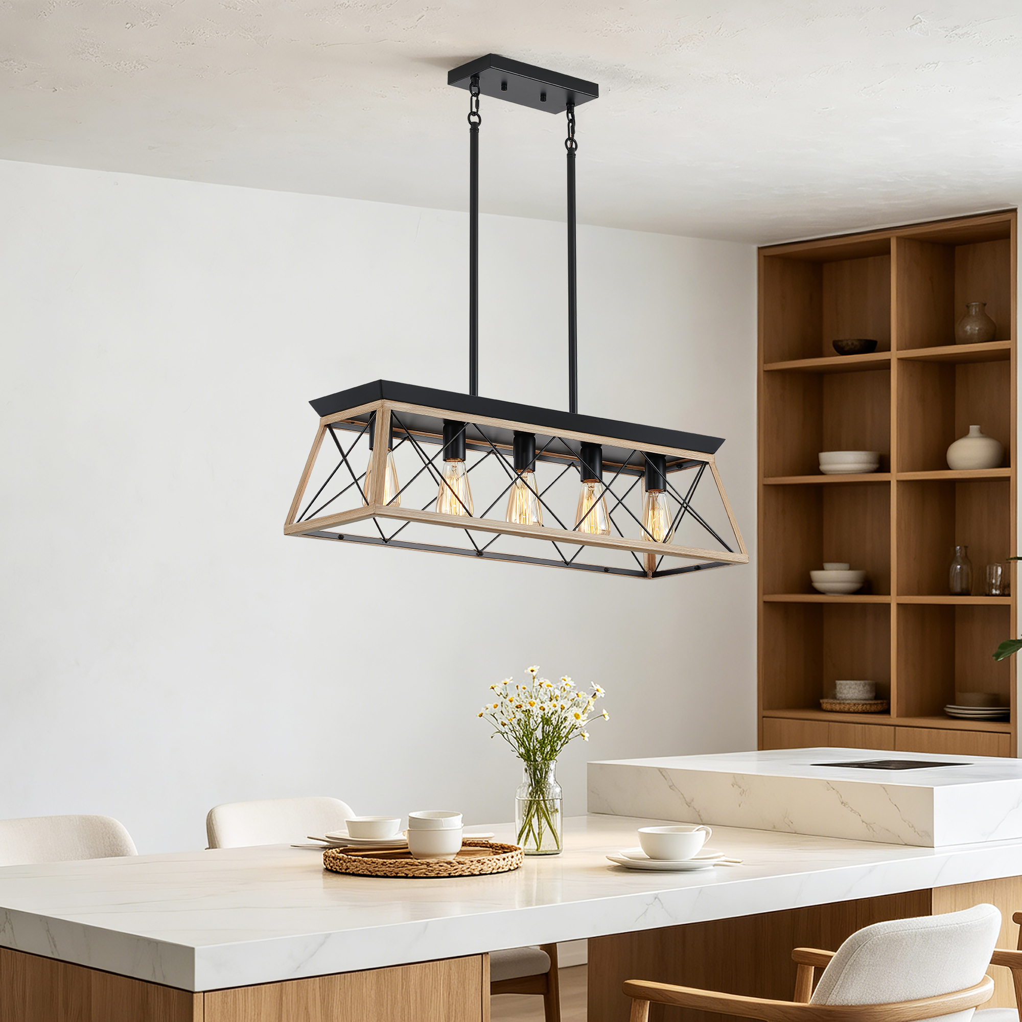 Anmytek 5‑Light Farmhouse Linear Chandelier Rustic Wood Rectangular Pendant Light Fixture for Dining Room Kitchen Island No Bulbs Included