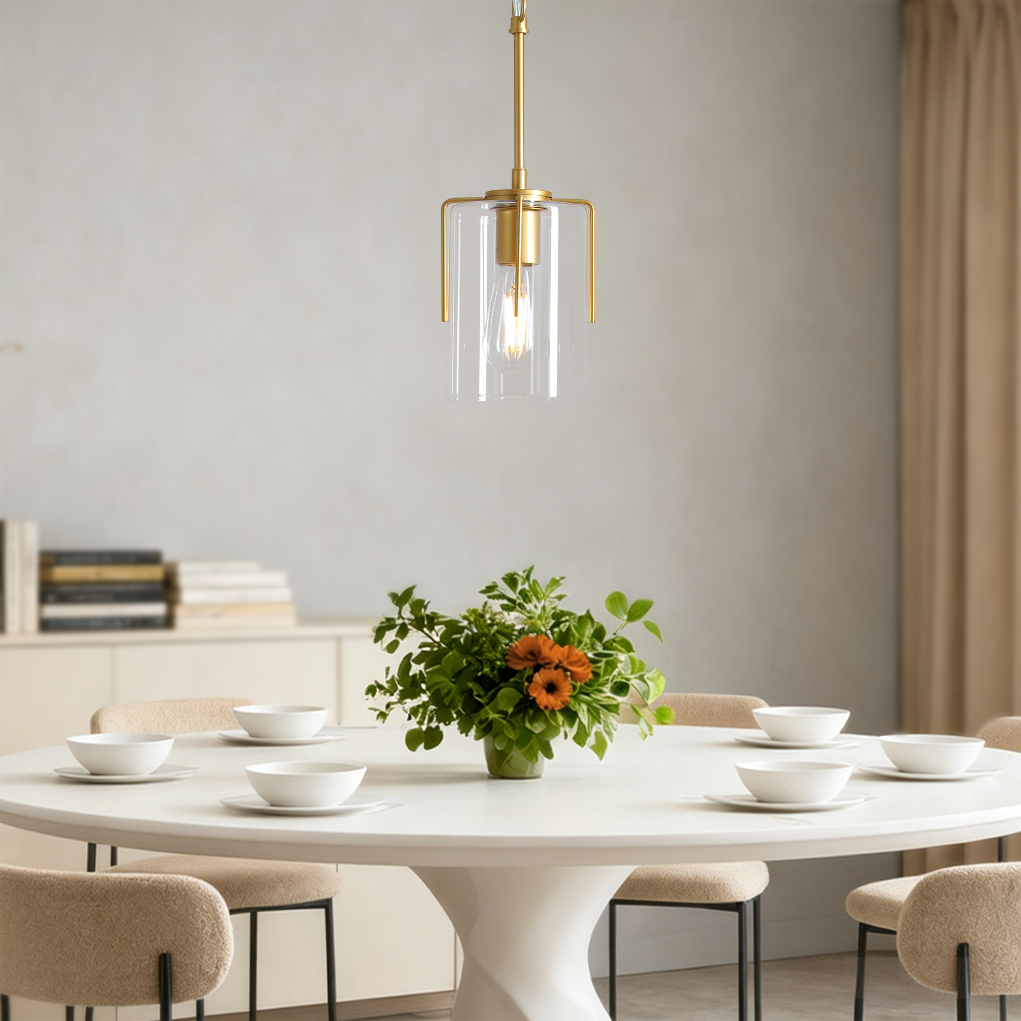 Anmytek 1‑Light Farmhouse Gold Pendant Light Modern Adjustable Hanging Ceiling Fixture with Clear Glass for Dining Table Kitchen Island Entryway Hallway Bedroom