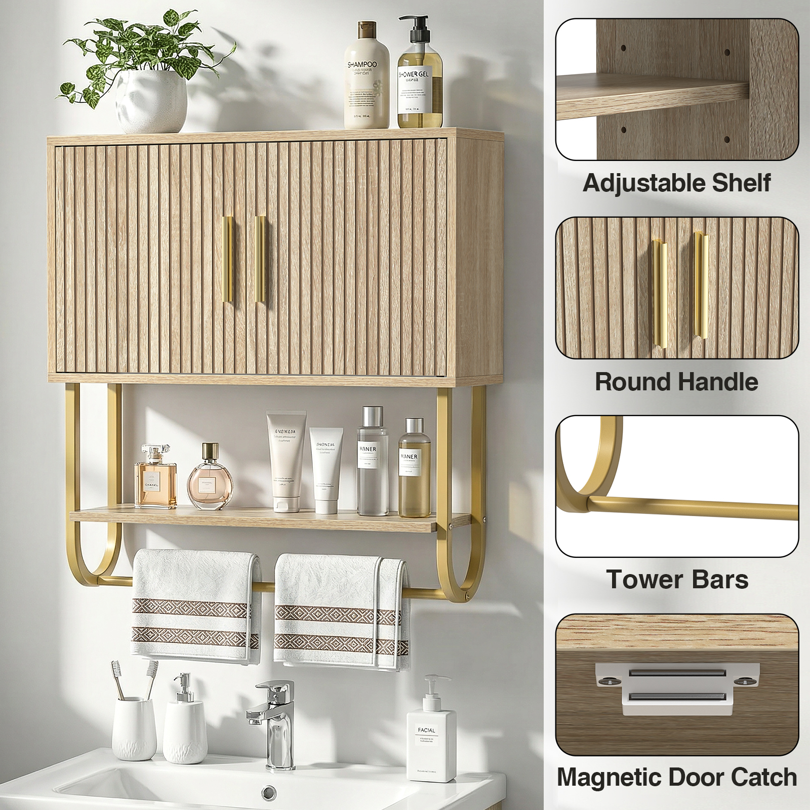 Bathroom Wall Cabinet with Fluted Doors - Over The Toilet Storage 60x18x60 cm, Modern Medicine Cabinet with Shelves & Towel Bar for Bathroom Organizer