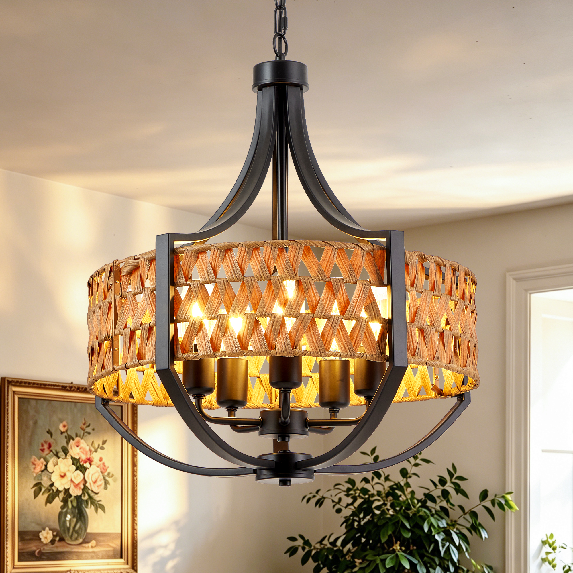 Anmytek 5‑Light Boho Rattan Chandelier Black Farmhouse Hanging Pendant Light with Natural Woven Reed Shade for Dining Room Living Room Foyer Bedroom Hallway