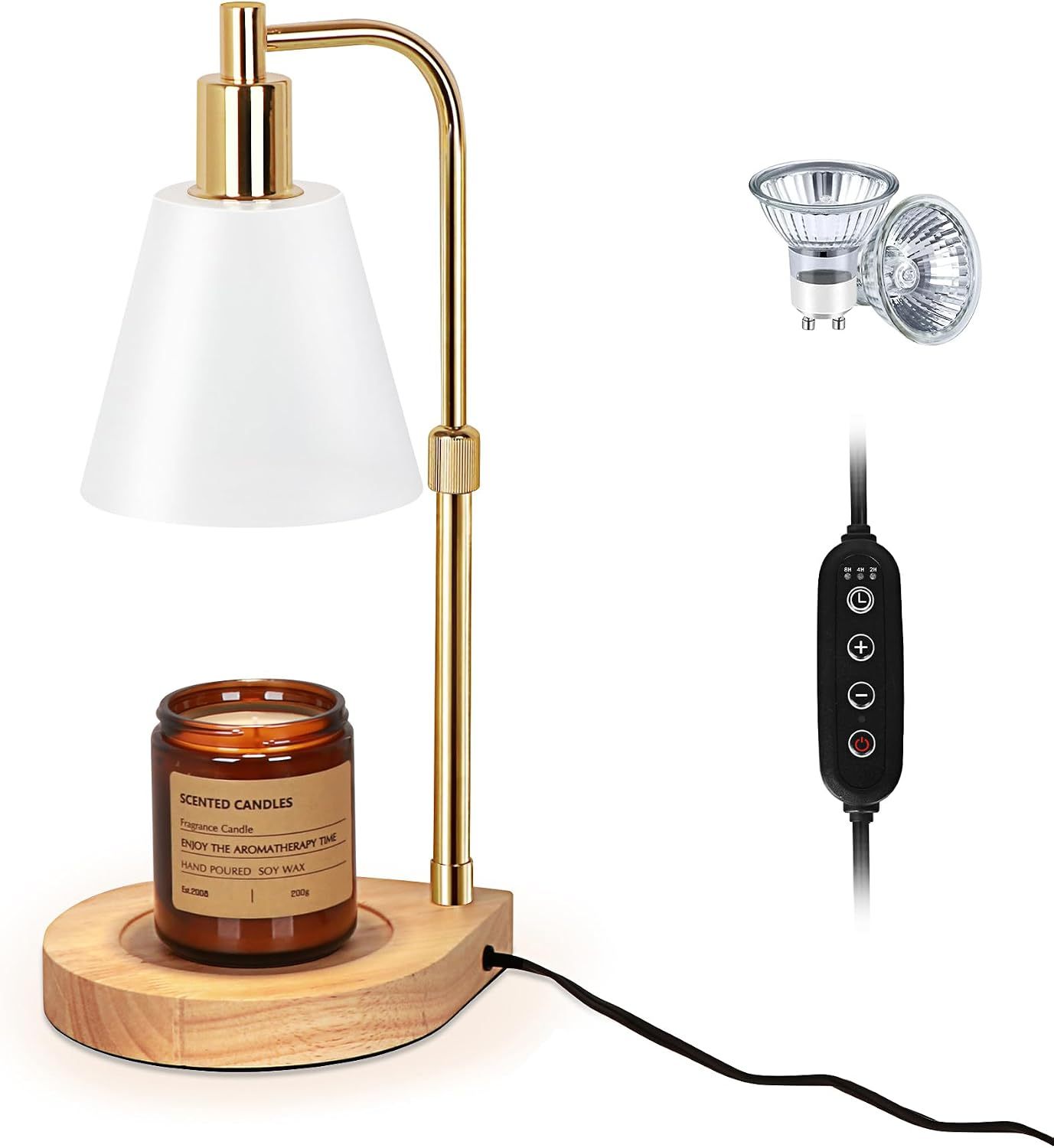 Candle Warmer Lamp, Adjustable Height Candle Warmer Melter with Timer for Scented Jar Candles, Wooden Base Electric Dimmable Candle Wax Warmer Light with 2 Bulbs for Home Decor, White Gold