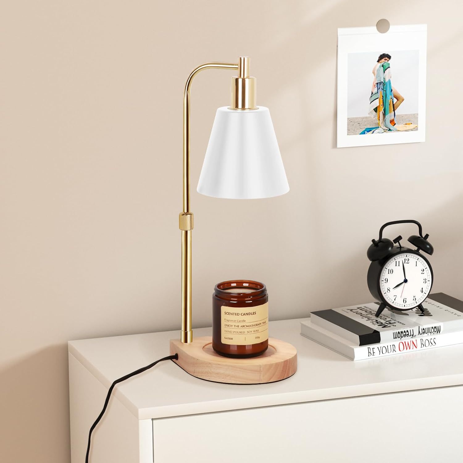 Candle Warmer Lamp, Adjustable Height Candle Warmer Melter with Timer for Scented Jar Candles, Wooden Base Electric Dimmable Candle Wax Warmer Light with 2 Bulbs for Home Decor, White Gold