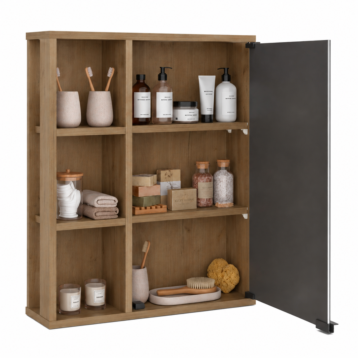 Bathroom Wall Cabinet with Mirror Door – Medicine Cabinet with 6 Open Shelves & Mirrored Sliding Door - Walnut
